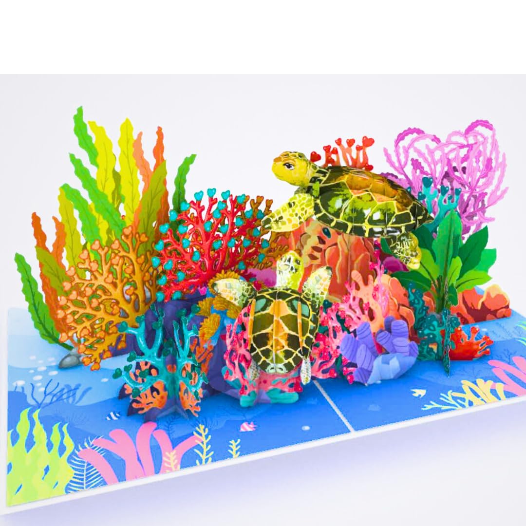 PIECE GIFT- Pop Up Fathers Day Card, 6x8 inches Turtle Dad Popup Father's Day Card for Dad, Husband, Son, Grandpa With Envelope