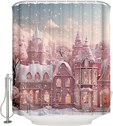 Christmas Shower Curtain for Bathroom 36" x 72" Pink Christmas Castle Snowflake Seasonal Winter Shower Curtain with Hooks Polyester Waterproof Home