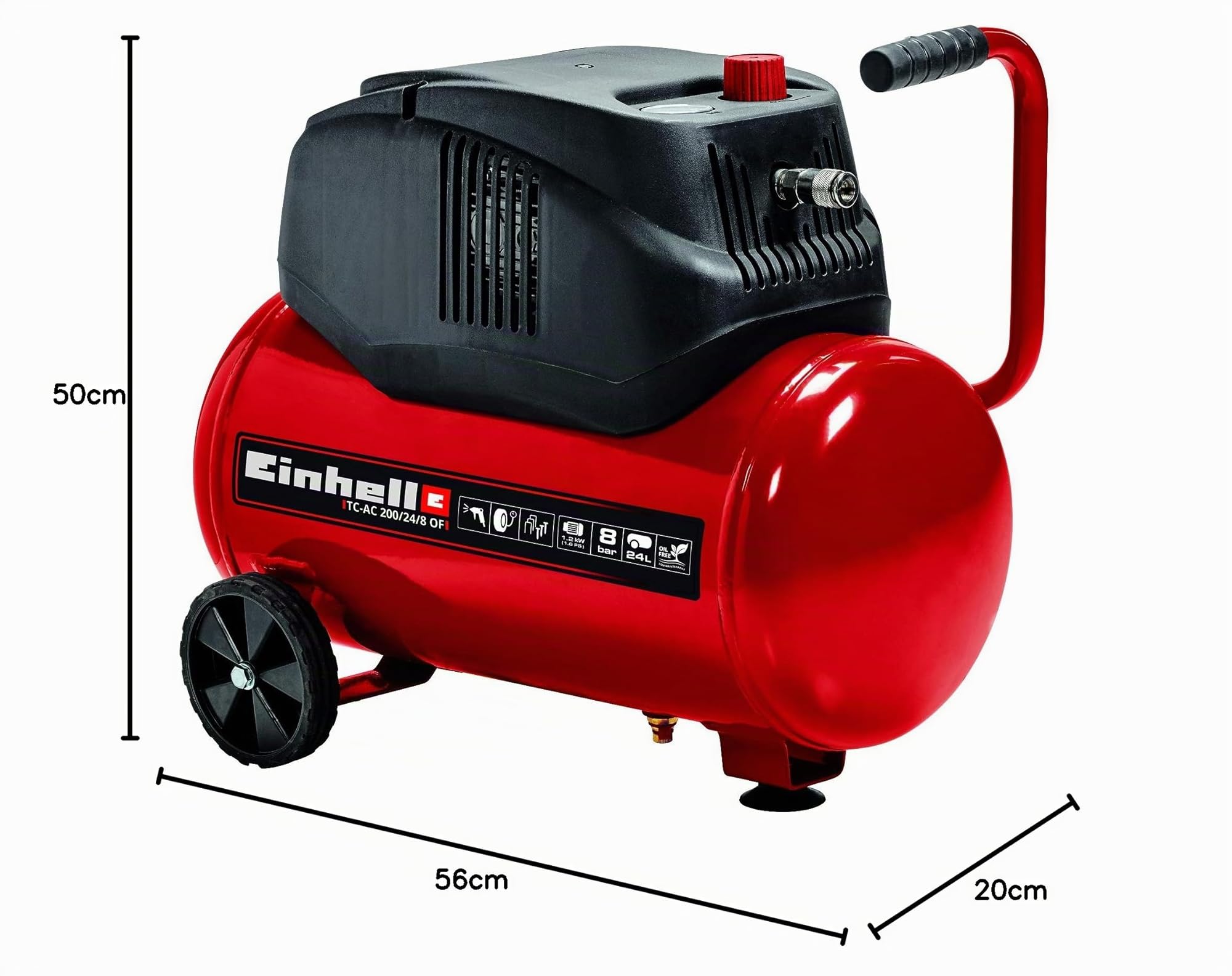 Einhell Compresseur à air TC-AC 200/24/8 OF | 1200 W | 8 bar | cuve 24 L | aspiration 180 l/min | régime moteur 15000 tr/min | détendeur | manomètre | sans huile