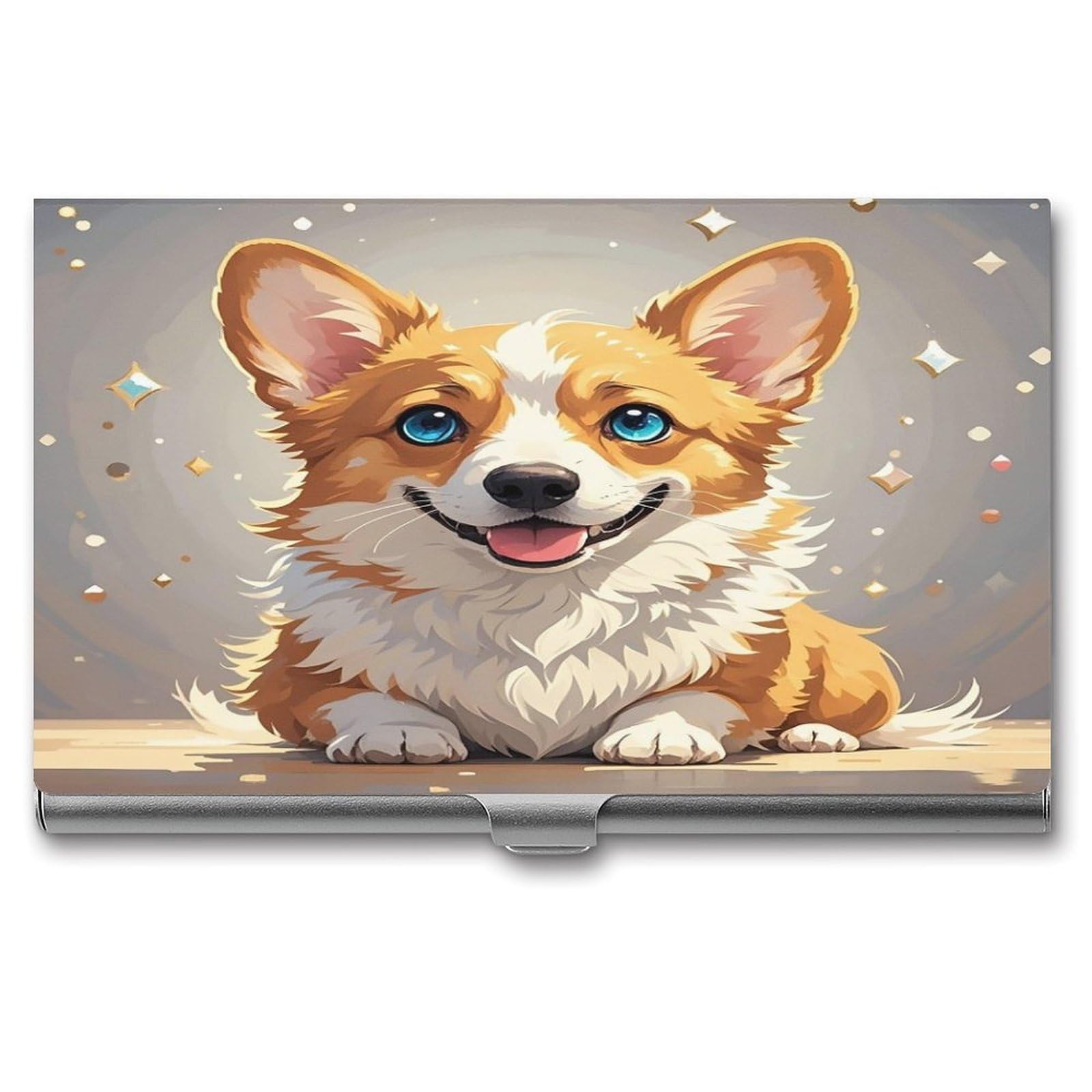FekiLoot Cute Corgi Dog Business Card Holder Aluminum Alloy Business Card Case Convenient to Carry Business Card Dispenser for Men Women