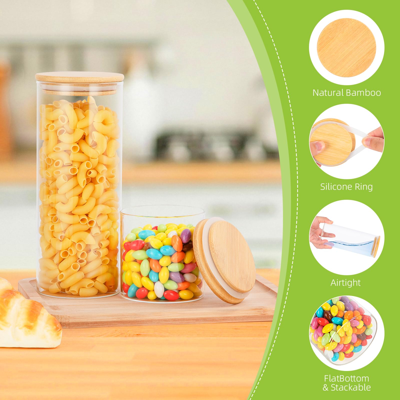 FoiiLiio Barattoli Vetro con Coperchio,Set di 9 barattoli Vetro,barattoli Ermetici con Coperchio,300ml/800ml Barattolis Cucina in Bambù,Vasetti per Cereali Pasta
