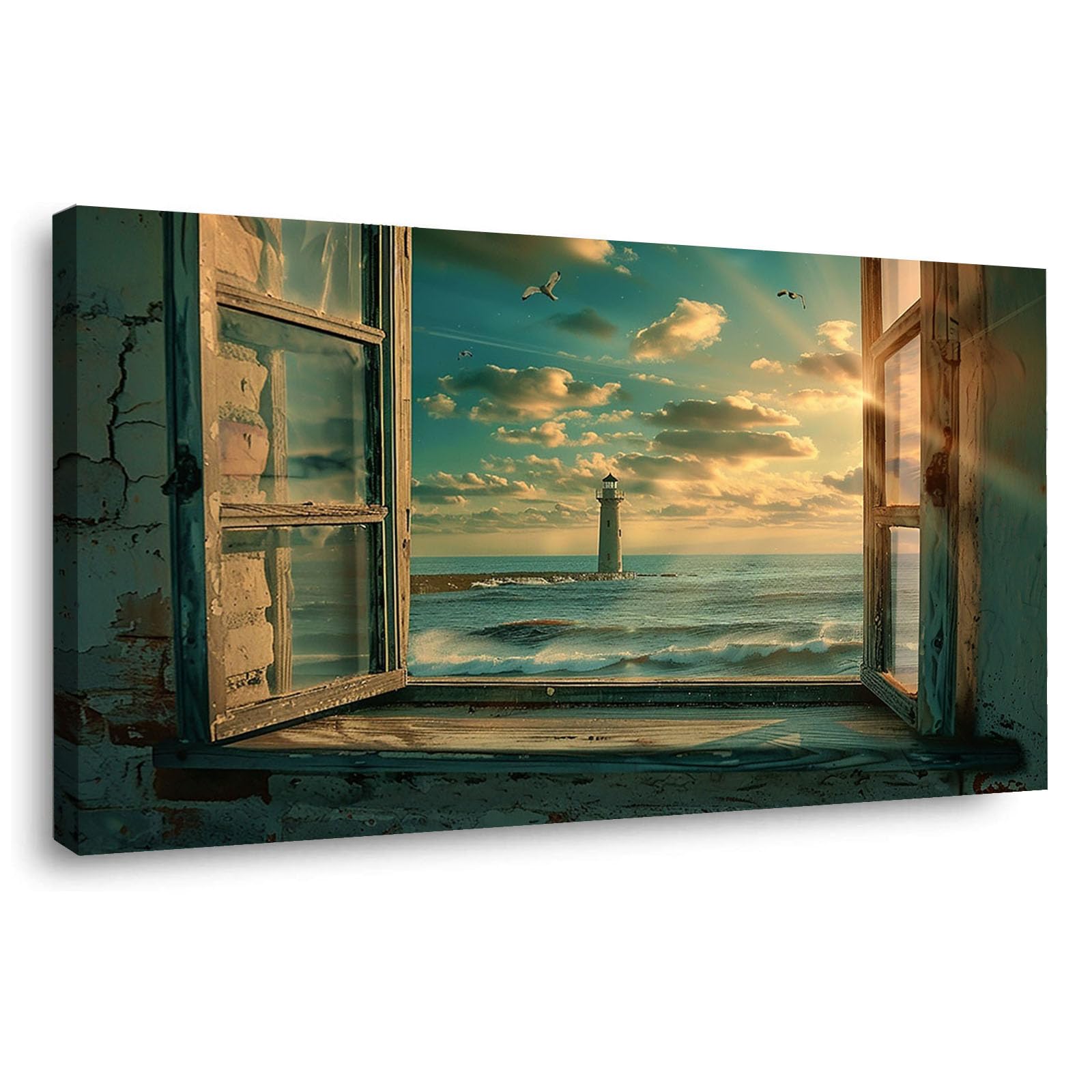 WIKEO Beach Pictures on Canvas Wall Art Window Beach Scenery Pictures Modern Prints Seaview Landscape Artwork - for Living Room Bedroom Home Office Wall Decoration(Blue 9)-20x40cm Framed