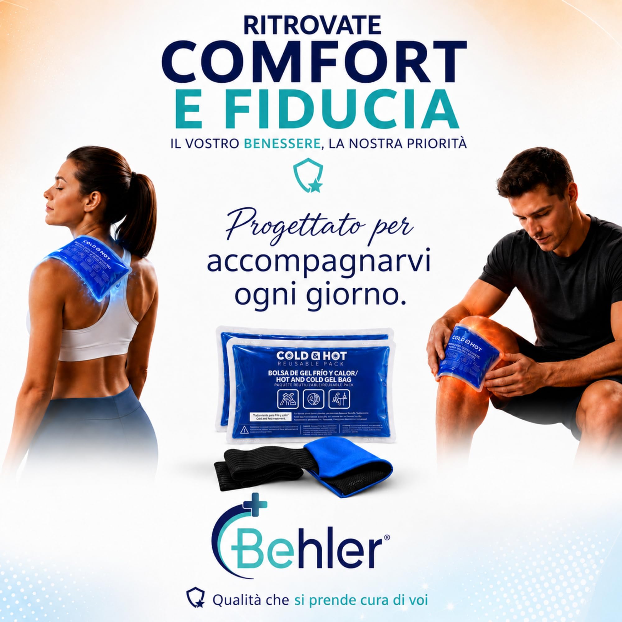 2 Ghiaccio Gel Riutilizzabile (26 x 15 cm) - Compressa fredda calda, Include 1 Copertura Multiposizione in Tessuto con Fascia di Compressione- Terapie caldo/freddo - Adatto per Microonde