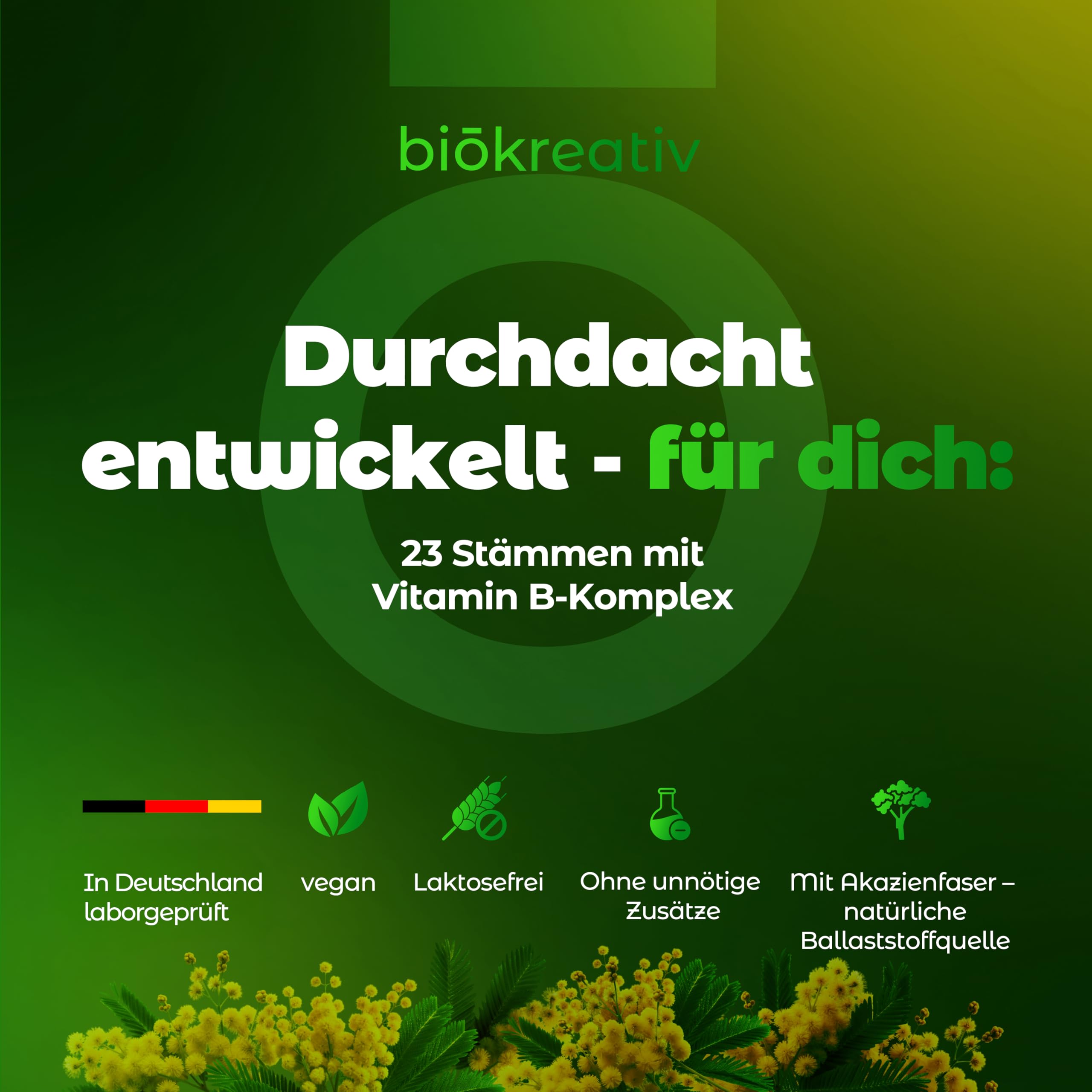 Biökreativ Kulturen Komplex ohne Inulin – 21 Mrd. KBE, 23 Stämme, mit Akazienfaser, Bakterienkulturen, Bifidobakterien, Lactobacillus, Vitamin B2 & B6, Vegan, 60 Kapseln