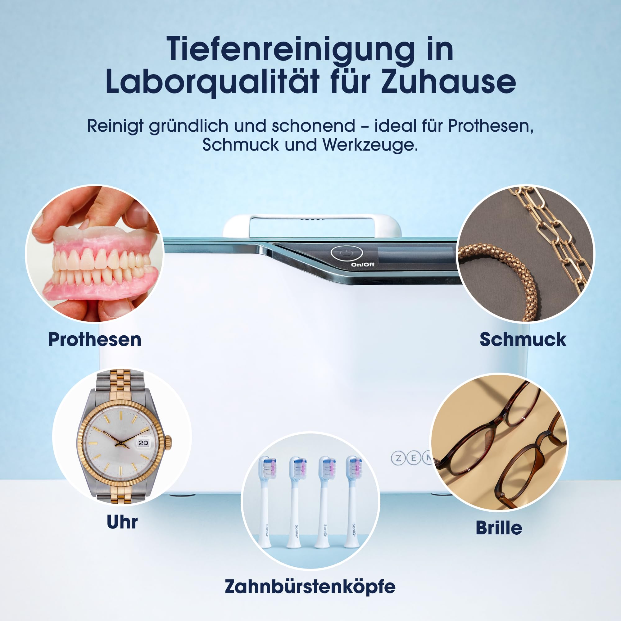 ZENT Ultraschallreinigungsgerät für Brillen, Zahnschiene, Prothesen, Schmuck | Ultraschallreiniger 600 ml, 5 Zeitprogramme, aktives Kühlsystem, LED-Touchpanel, Energiesparend