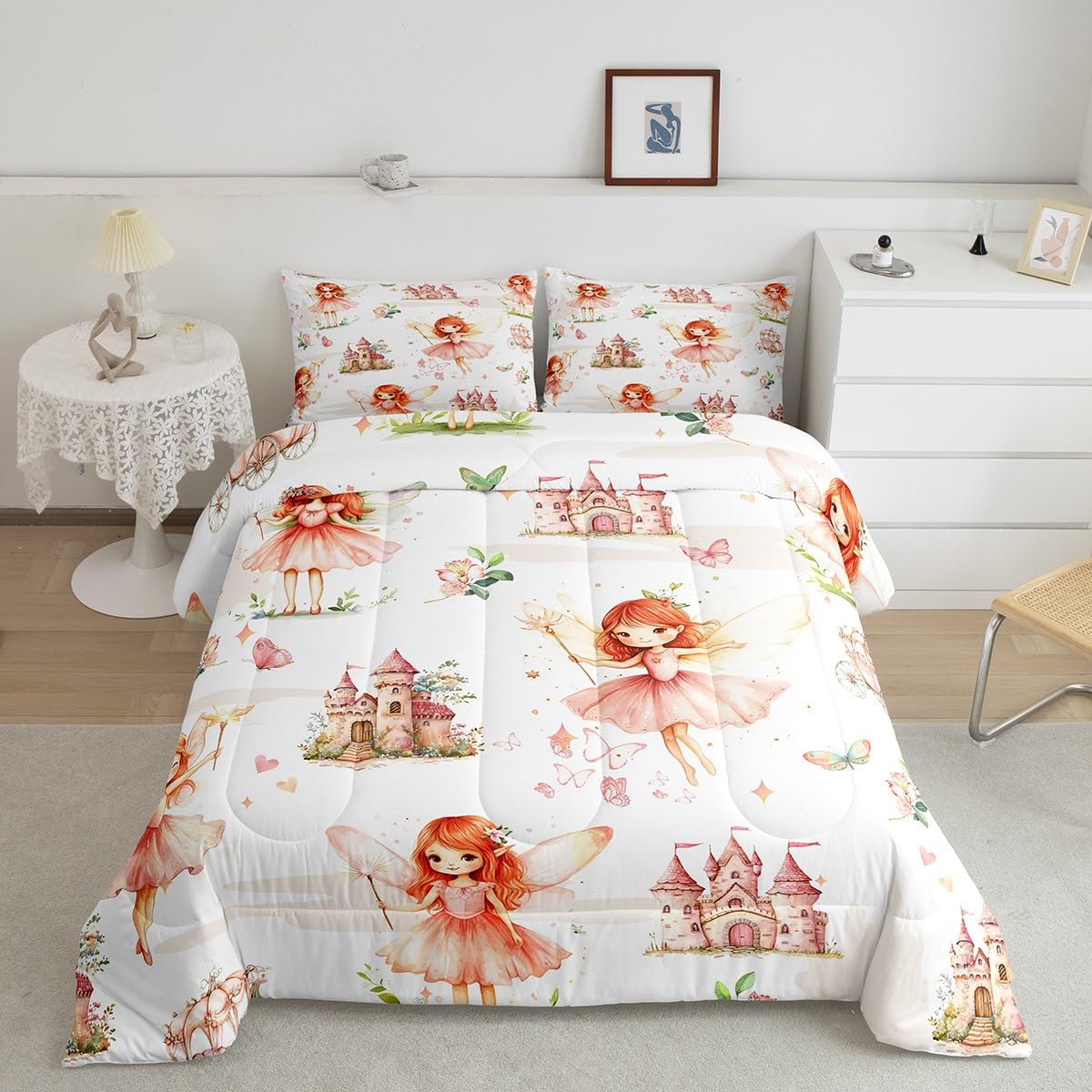 Princess Duvet Quilt Twin Size Girls Castle Flower Butterfly Bedding Set for Kids Boys Girls Decor Cute Pink Comforter Set Breathable Soft Lightweight Microfiber Kawaii Bedroom Decor Bedclothes