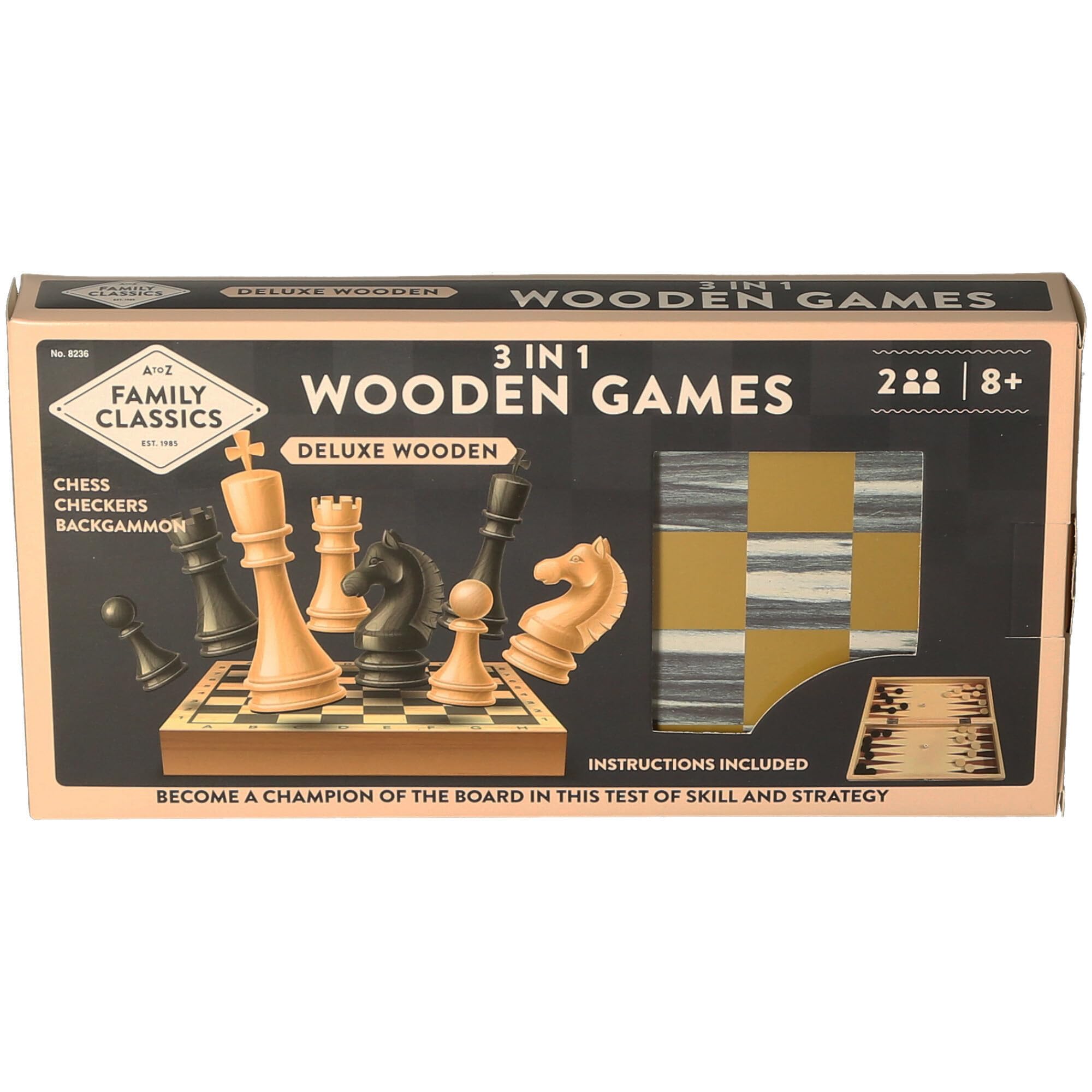 Family Classics Deluxe 3-in-1 Wooden Board Games Set, Chess, Checkers and Backgammon, Ages 8+