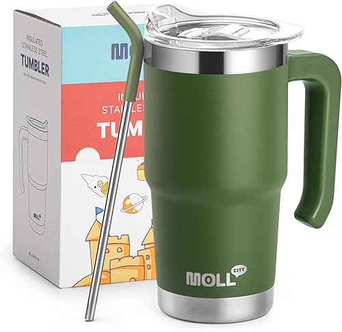 Miniatura 1 de Mollcity Vaso de 16 onzas con asa, reutilizable, de acero inoxidable, aislado al vacío, con tapa y pajita, taza de café de viaje para mujer (verde