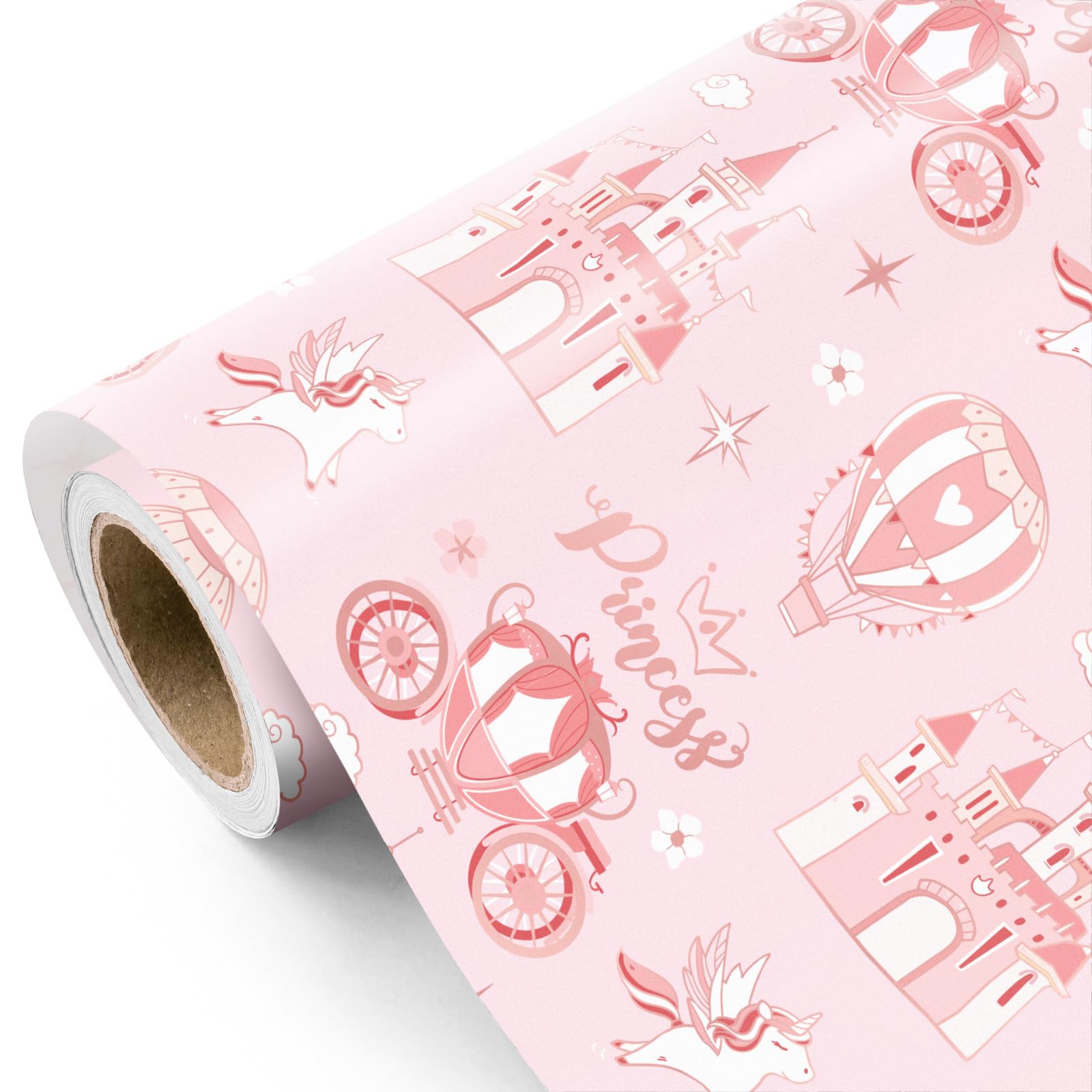 RUSPEPA Princess Wrapping Paper - Mini Roll - 43.2cm x 5m - Carriage Castle Pink Wrapping Paper Perfect for Kids Girls Birthday, Baby Shower