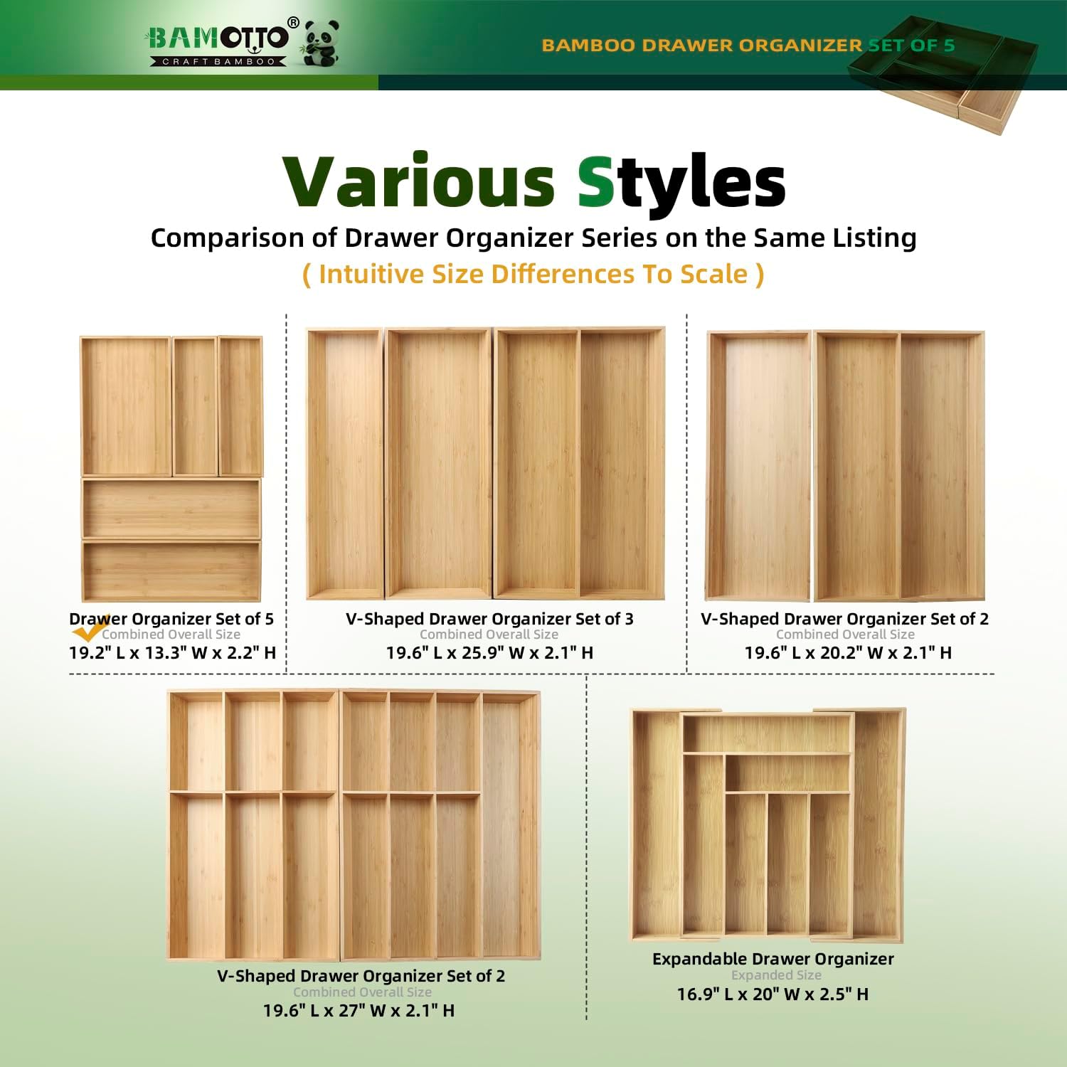 Stack Bamboo Drawer Organizer Set of 5, Kitchen Utensil, Flatware&Silverware Organizer-Wood Laminated Stackable for Kitchen, Bedroom, 13.4''x4.5''*2+10.2''x3.3''*2+10.2''x6.7''*1