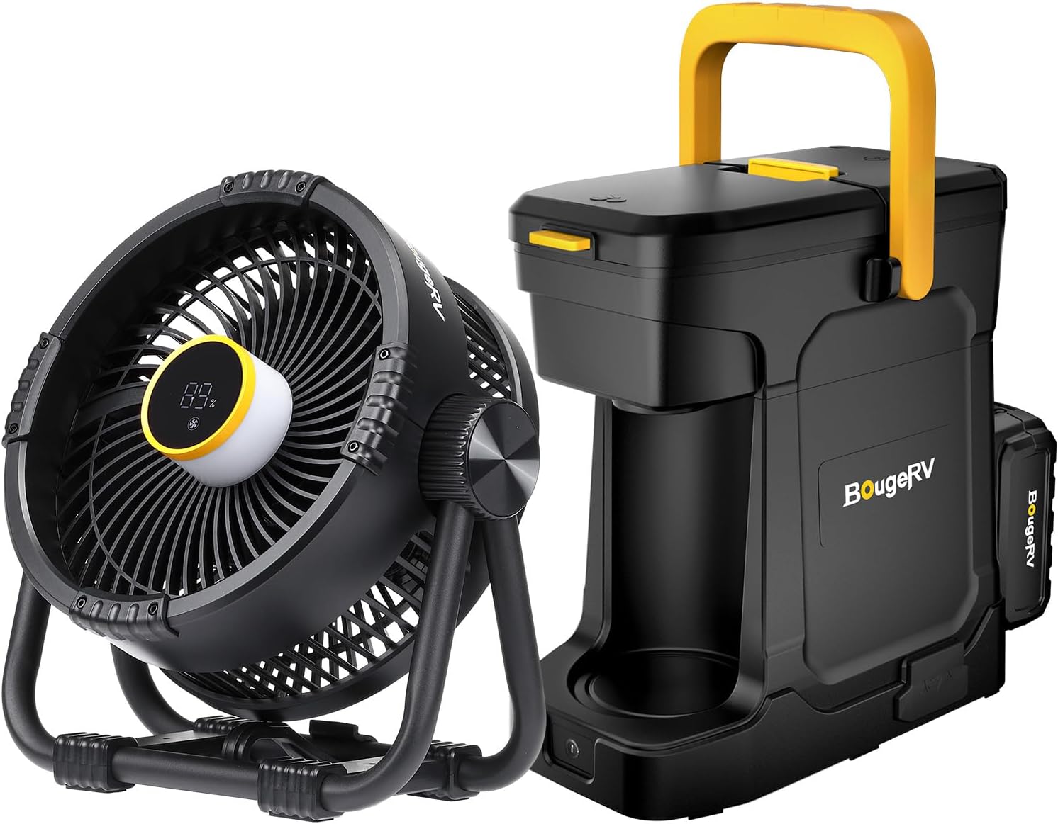 BougeRV Camping Outdoor Camping Electrical Sets 20000mAh Battery Powered Fans and 18V 8Ah Battery Powered Coffee Machine Compatible with K Cup Coffee Pods & Ground