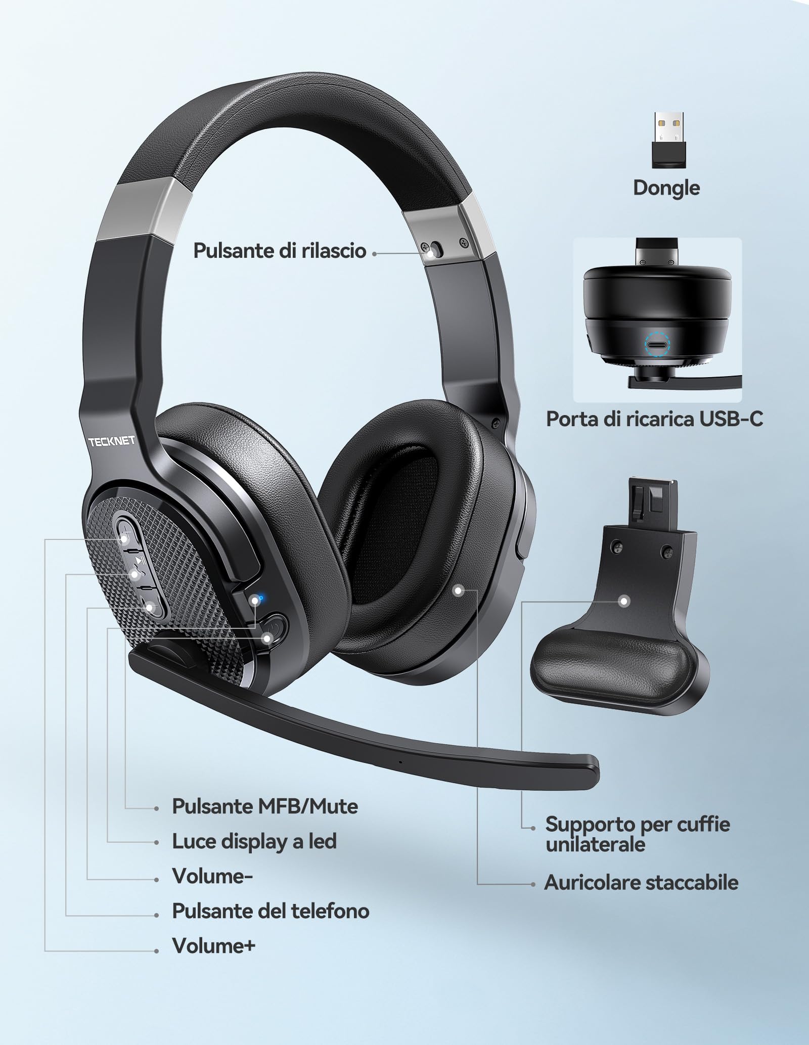 TECKNET Cuffie Bluetooth con microfono, USB dongle cancellazione del rumore singolo e doppio auricolare senza fili con 3 modalità di musica EQ, cuffie PC per call center, ufficio, camion