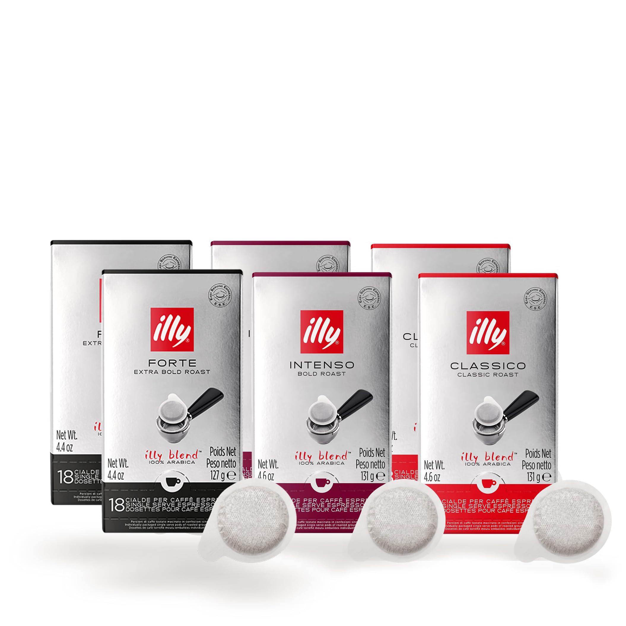 ILLY Auswahl von 72 Kaffeepads | Verkostung von 4 Boxen mit 18 ESE-Pads, Einzeldosis, Intensive und klassische Röstung