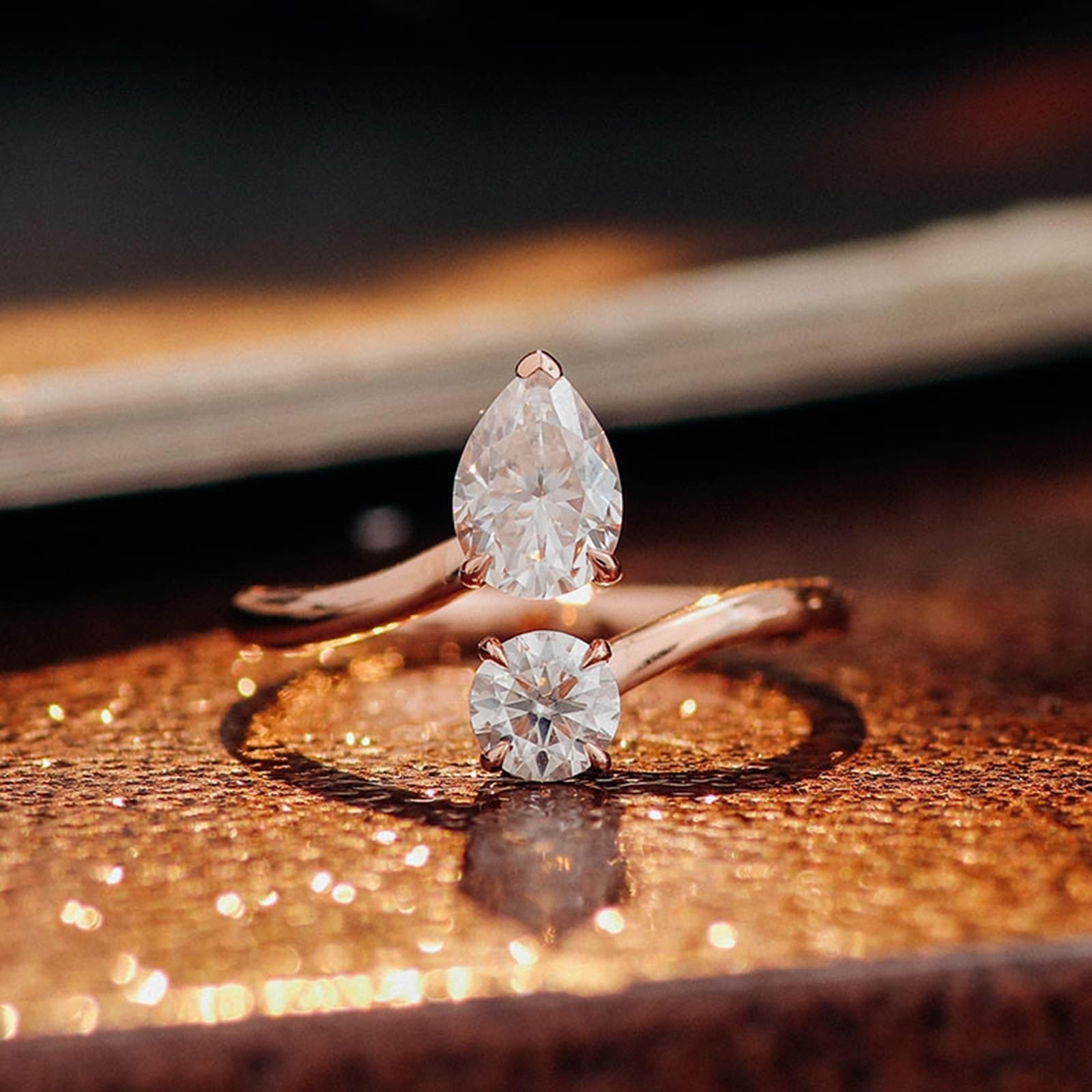 AMDXD Gioiello in vero oro rosa Au 375/585/750 - Fedi nuziali classiche con gocce di moissanite da 1 carati, anello 9 K/14 K/18 carati, oro rosa, misura 47-62