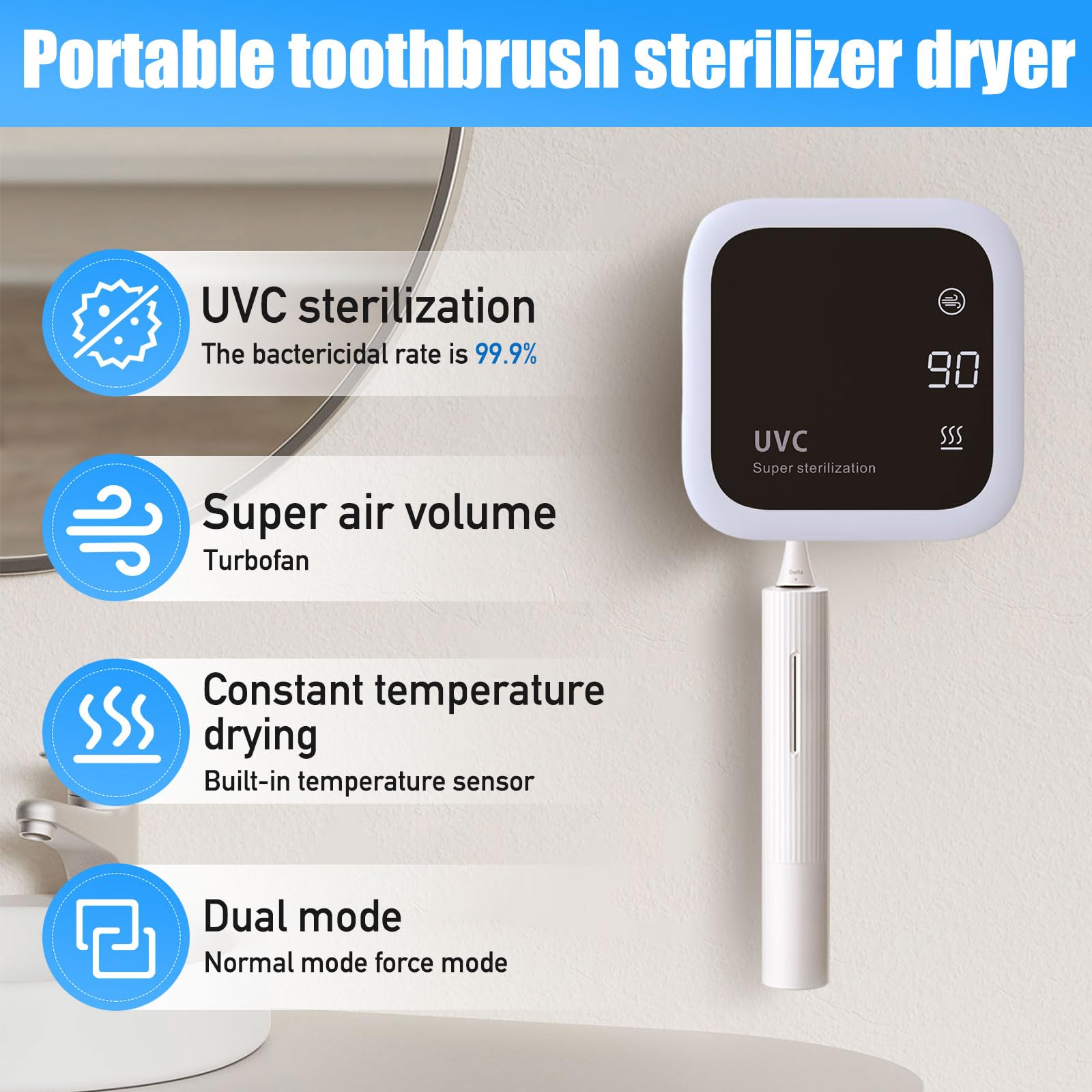 Spazzolino disinfettante, spazzolino da denti UV, disinfettante, portaspazzolino portatile con funzioni temporali e schermo LED, 1000 mAh ricaricabile a parete senza fili montato a parete