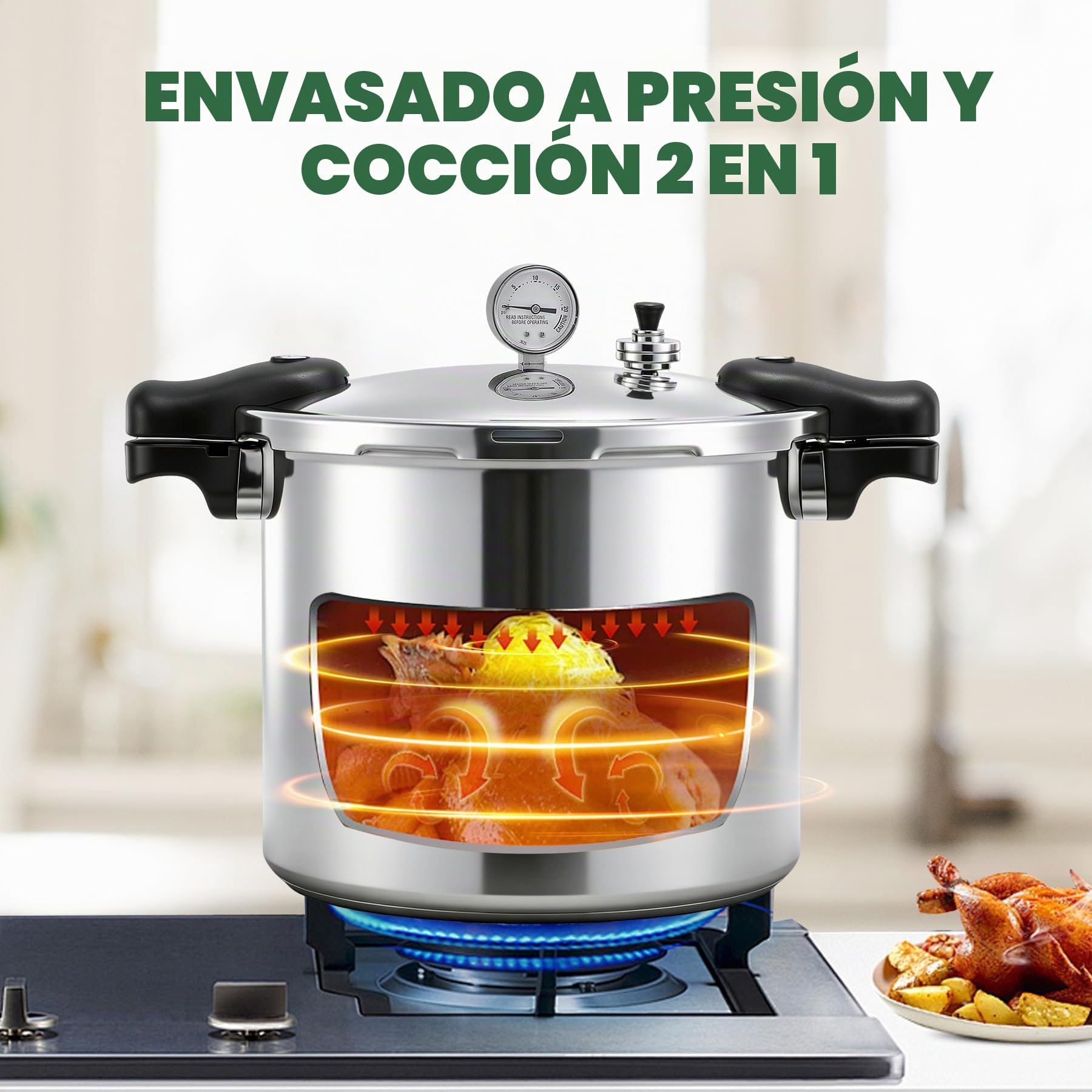 Huanyu Olla a presión de 22 litros con pesas de presión de 5, 10 y 15 PSI, compatible con cocinas de inducción y de gas. Olla a presión multifunción y ollas a presión para conservas