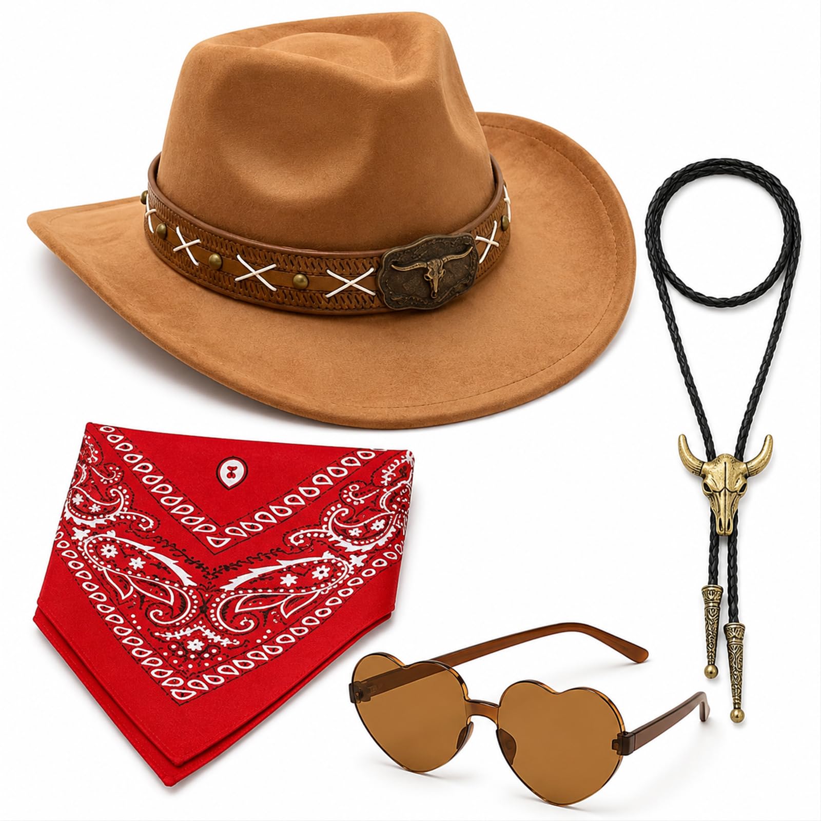 4Pcs Unisex Western Cowboy Hat Set with Bandanna Sunglasses and Necklace