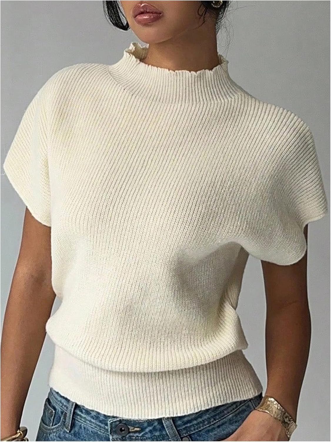 Milumia Women's Short Cap Sleeve Sweater Pullover Tank Top Dressy Casual Mock Neck Sweater Knit Crop Top - Image 5