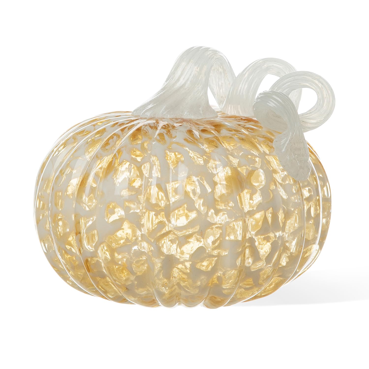 glitzhome 6" D Fall Amber Dots Round Glass Pumpkin,Hand Blown Glass Pumpkin Figurine Collectibles for Decorating Ornament