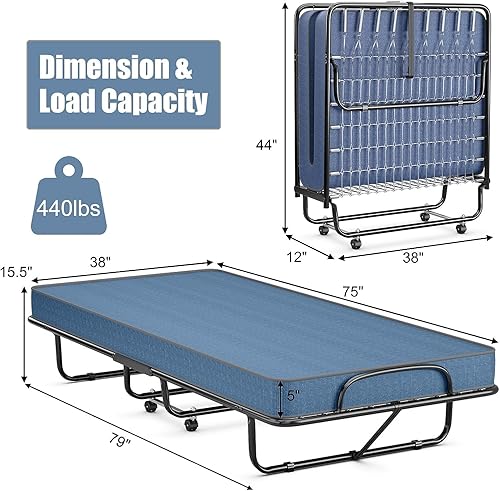 Miniatura 46 de HAPPYGRILL Cama enrollable, cama plegable con colchón de espuma viscoelástica de 5 pulgadas, marco de acero resistente, 4 ruedas universales, cama