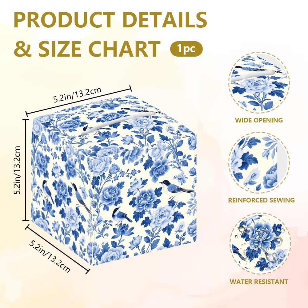 Boîte à Mouchoirs Décorative En Similicuir - Motif Fleurs Et Oiseaux Bleu Et Blanc, Pliable - Pour Salle De Bain, Bureau, Salon - 12