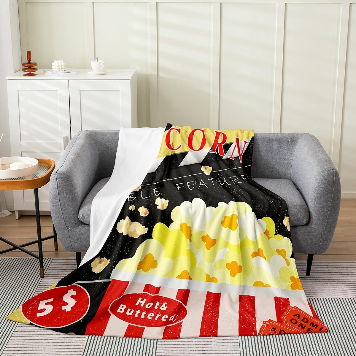 Movie Theater Plush Throw Blanket, Popcorn Pattern Flannel Fleece Blanket for Kids Boys Girls Teens Cinema Poster All Season,Bed Blanket Breathable Old Fashion Home Decor Room Decor 40"x50"
