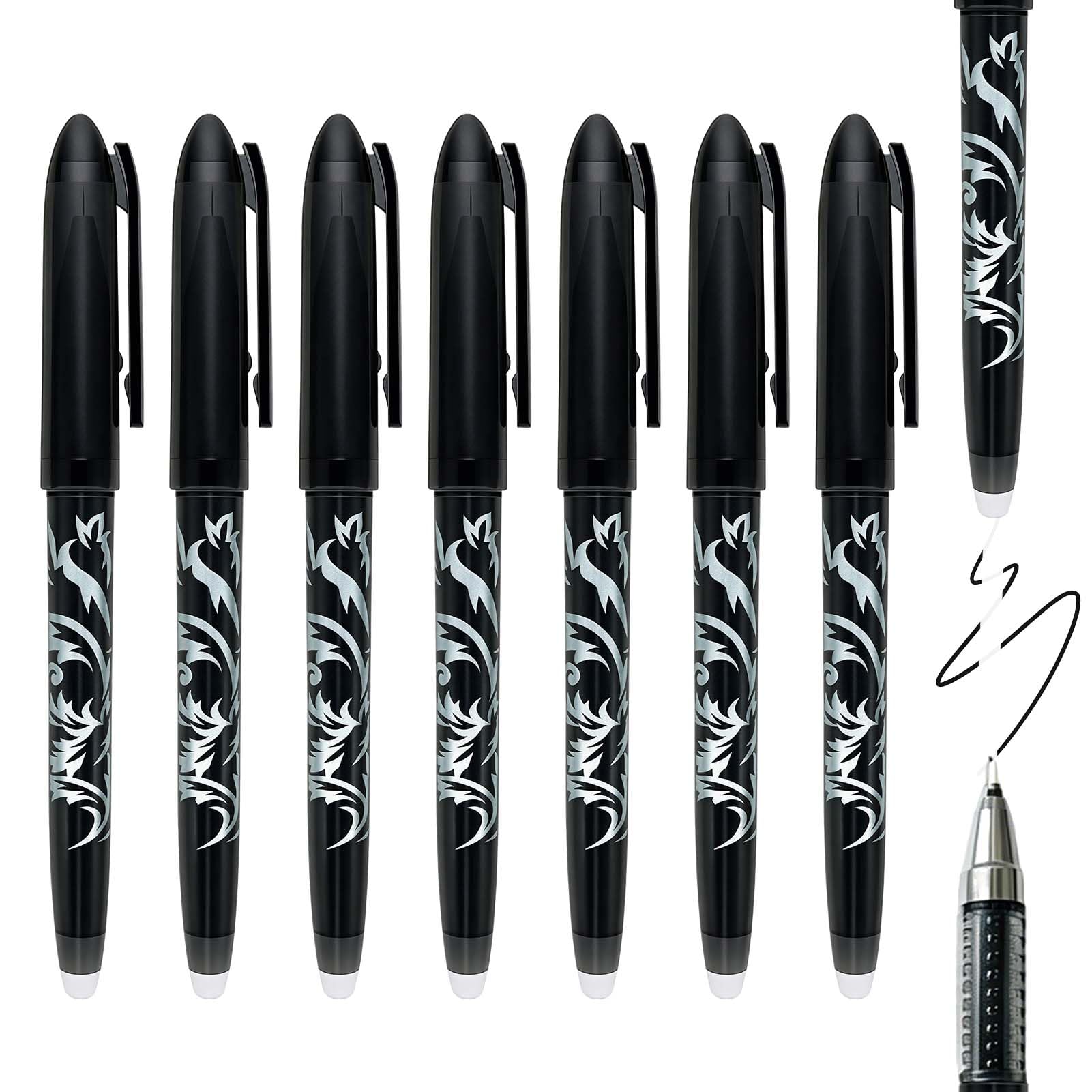 8 Erasable Pens Black Eraser Pen, Rub Out with Rubbers on the End, Pens Erasable No Damage to Paper for Drawing Book Erasable Gel Pens for Writing, Back to School Supplies Stationery Gifts for Teacher