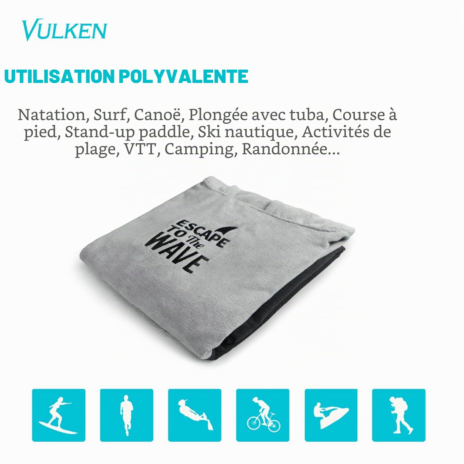 Vulken Peignoir de bain/poncho à capuche Extra Large Pour femme et homme En Microfibre Pour Plage Piscine Lac Parc aquatique, Gris noir - L/XL., L-XL