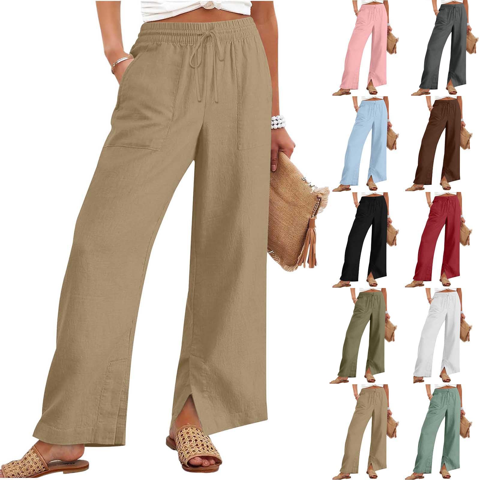 Gumipy Cotton Linen Pants Women Summer Baggy Drawstring High Waisted Wide Leg Trousers Flowy Beach Lounge Pants with