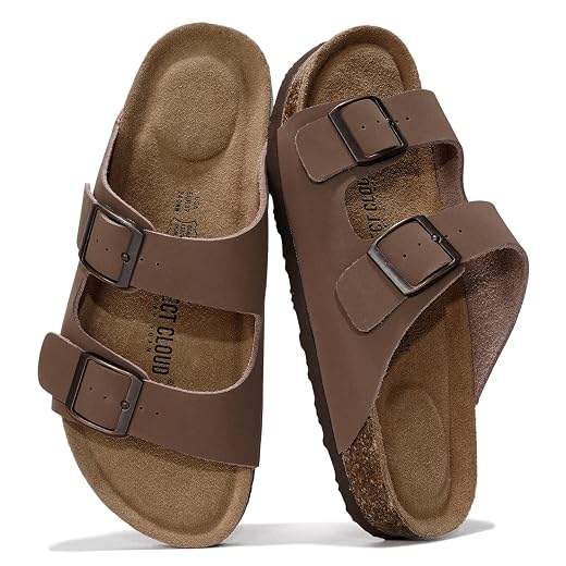 Project Cloud 100% Genuine Leather Womens Sandals Slides for Women (Venita) | Cork Footbed Sandals for Women with Memory Foam and Arch Support Vacation Essentials Slides Women Footwear Flat Sandals