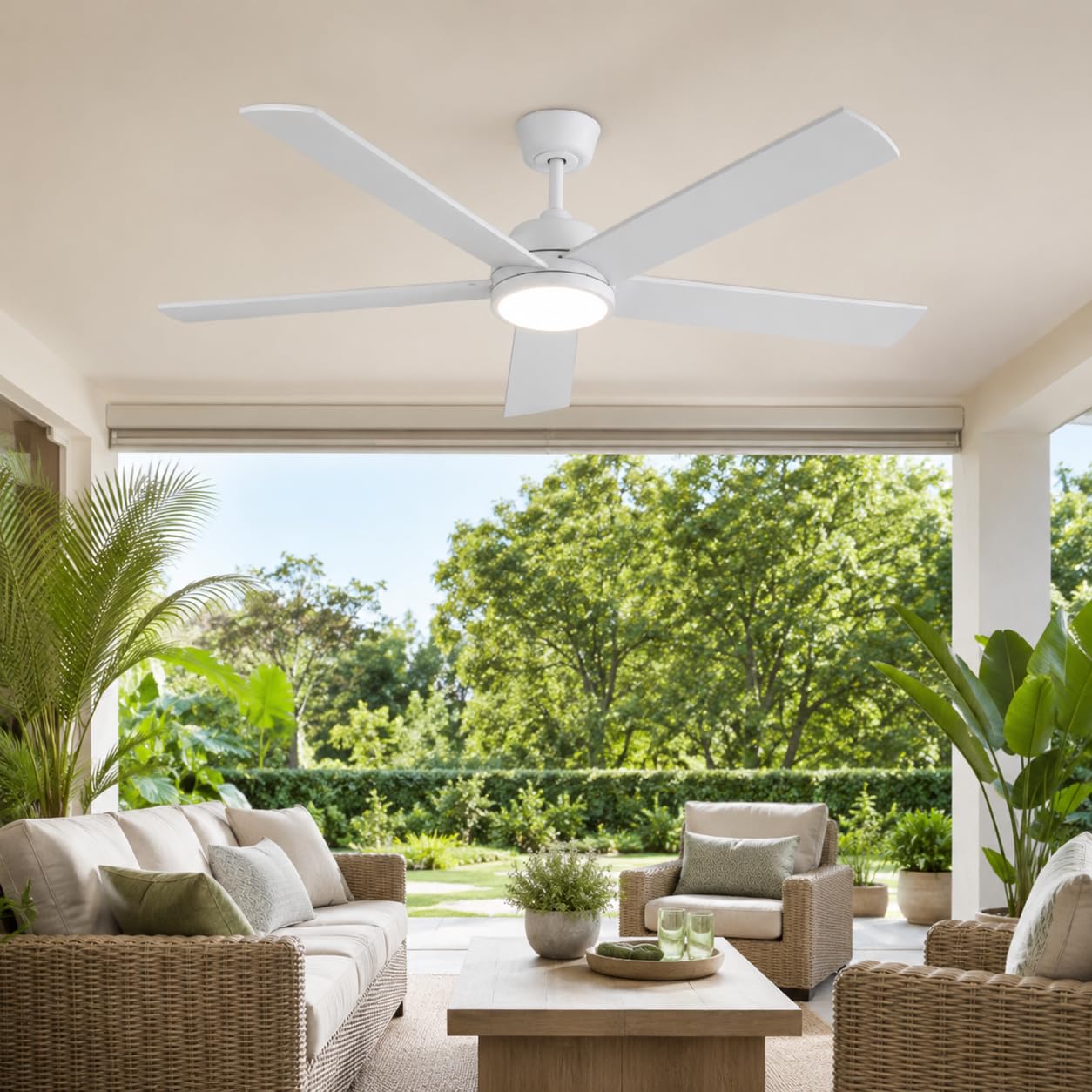 ON FREDO Ventilatore da Soffitto con Luce LED Regolabile, per Interno e Esterno, Motore Silenzioso e Telecomando - Bianco