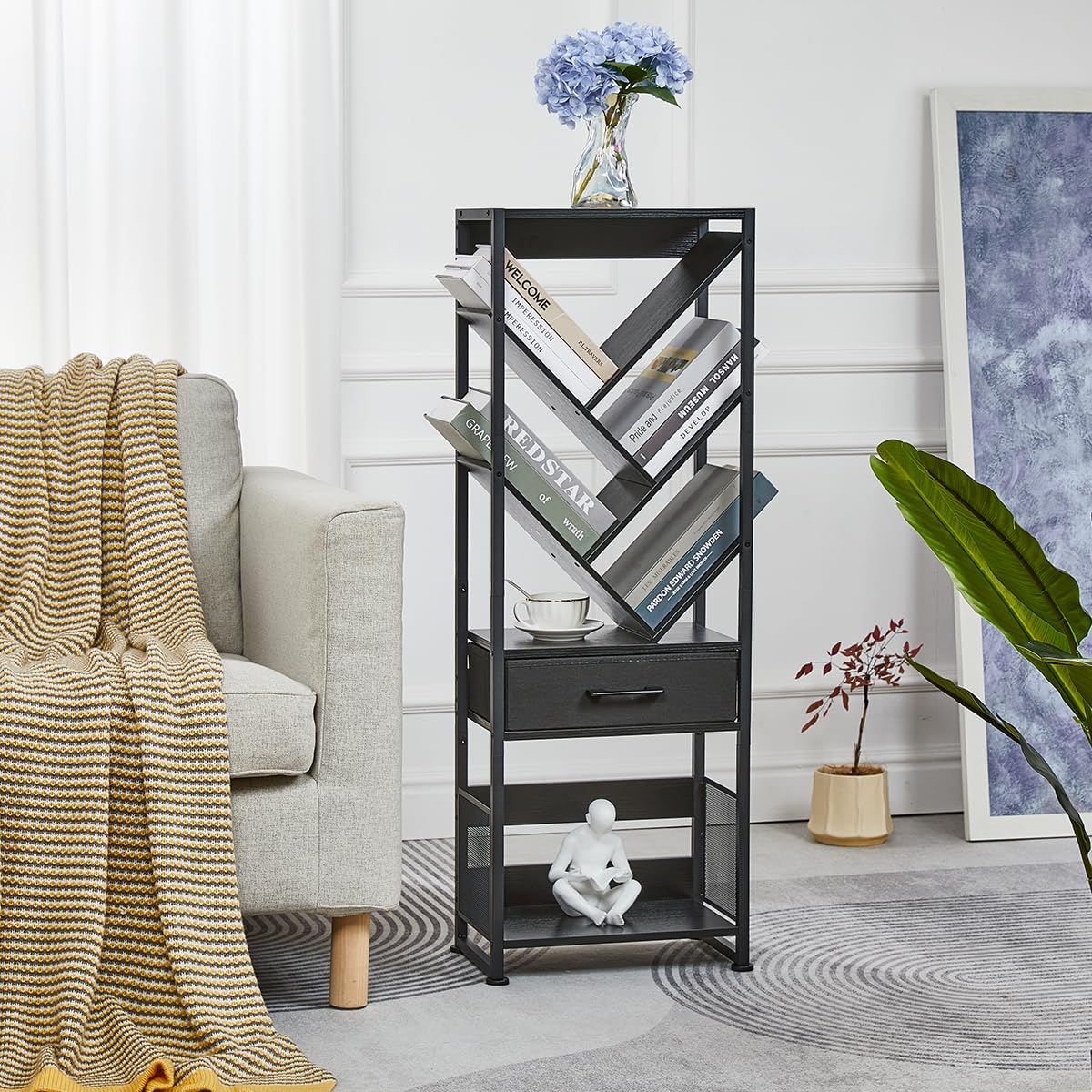 Tree Bookshelf with Side Table, Tall Bookcase with Storage Cabinet, Floor Standing Modern Narrow Bookshelves Organizer for Bedroom/Living Room/Home Office/Corner (Black, 8 Tier)