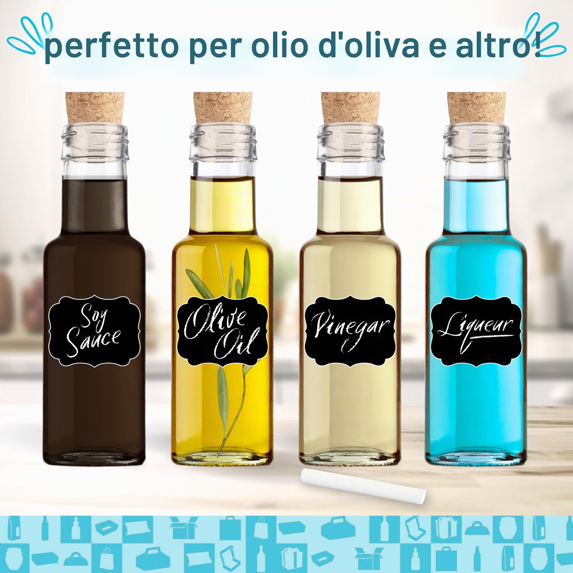 Set 20 Piccole Bottiglie di Vetro 100 ml con Tappo in Sughero + 20 Scatole – Mini Bottiglie Regalo per Liquore e Olio | Espirito Rebelde