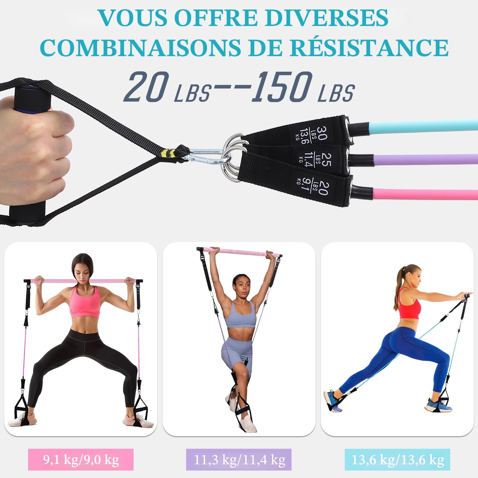 Kit Barre de Pilates avec 6 Bandes de Résistance Élastique, Musculation pour Homme et Femme, Yoga Fitness