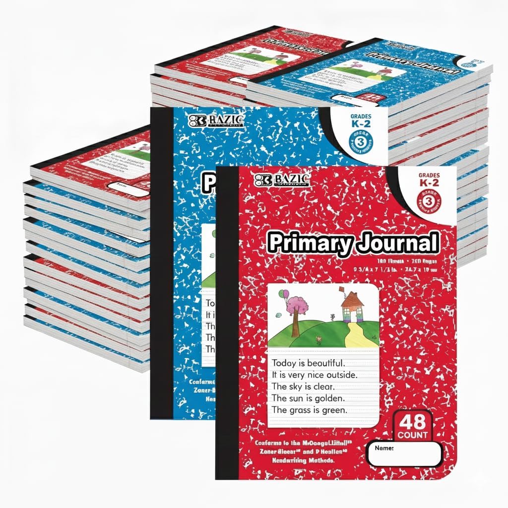 BAZIC PRODUCTS Primary Journal Composition Book Marble, Primary Journal, Writing Journal, Notebooks for Kids, Drawing & Writing Notebook for Kindergarten School Use, Grades K-2, 100 Sheets, 48-Pack