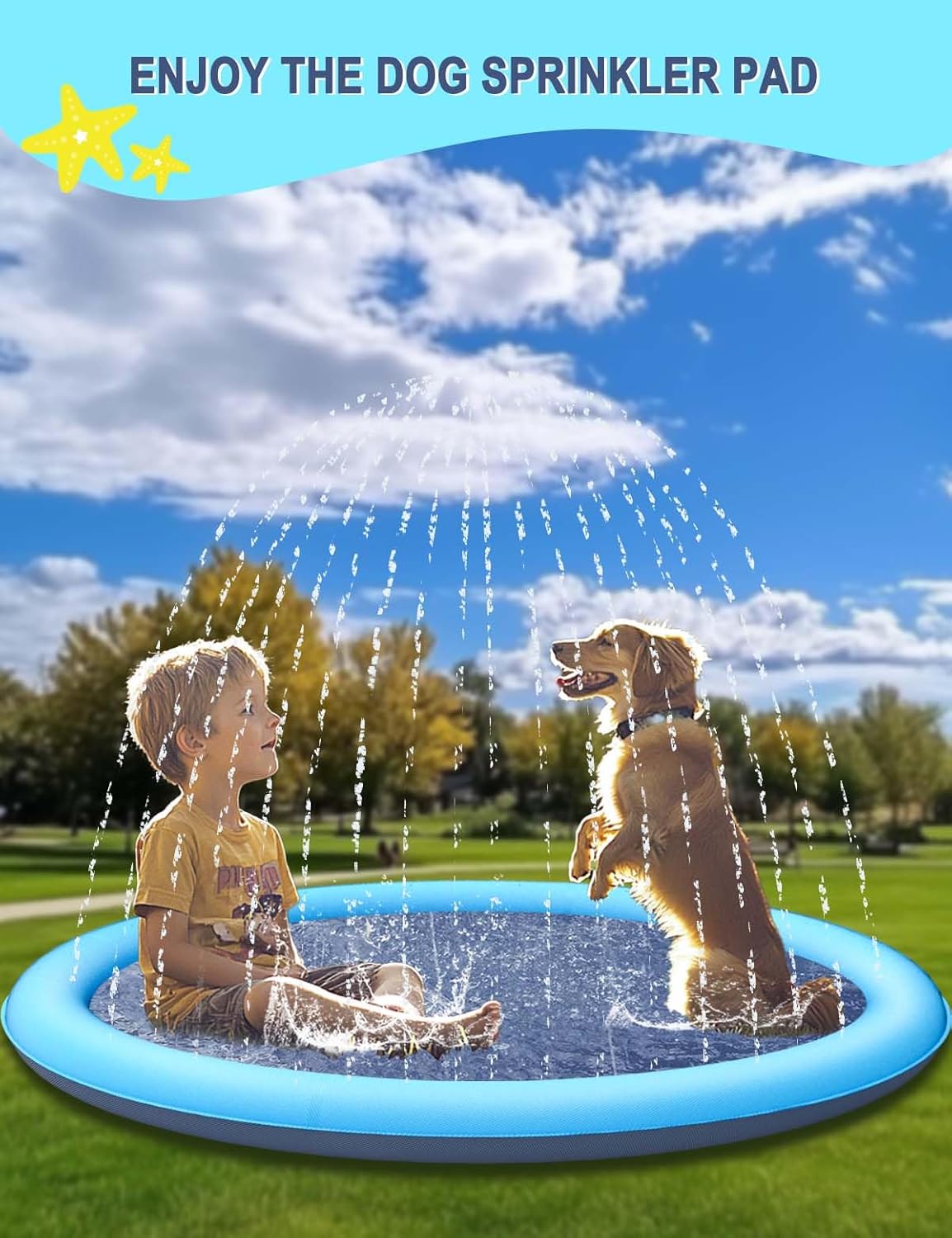 67IN Dog Splash Pad, Durable Blue Pet Water Mat, Non-Slip Sprinkler Design, Leakproof and Safe, Easy to Install, Fun for Dogs and Kids in Summer