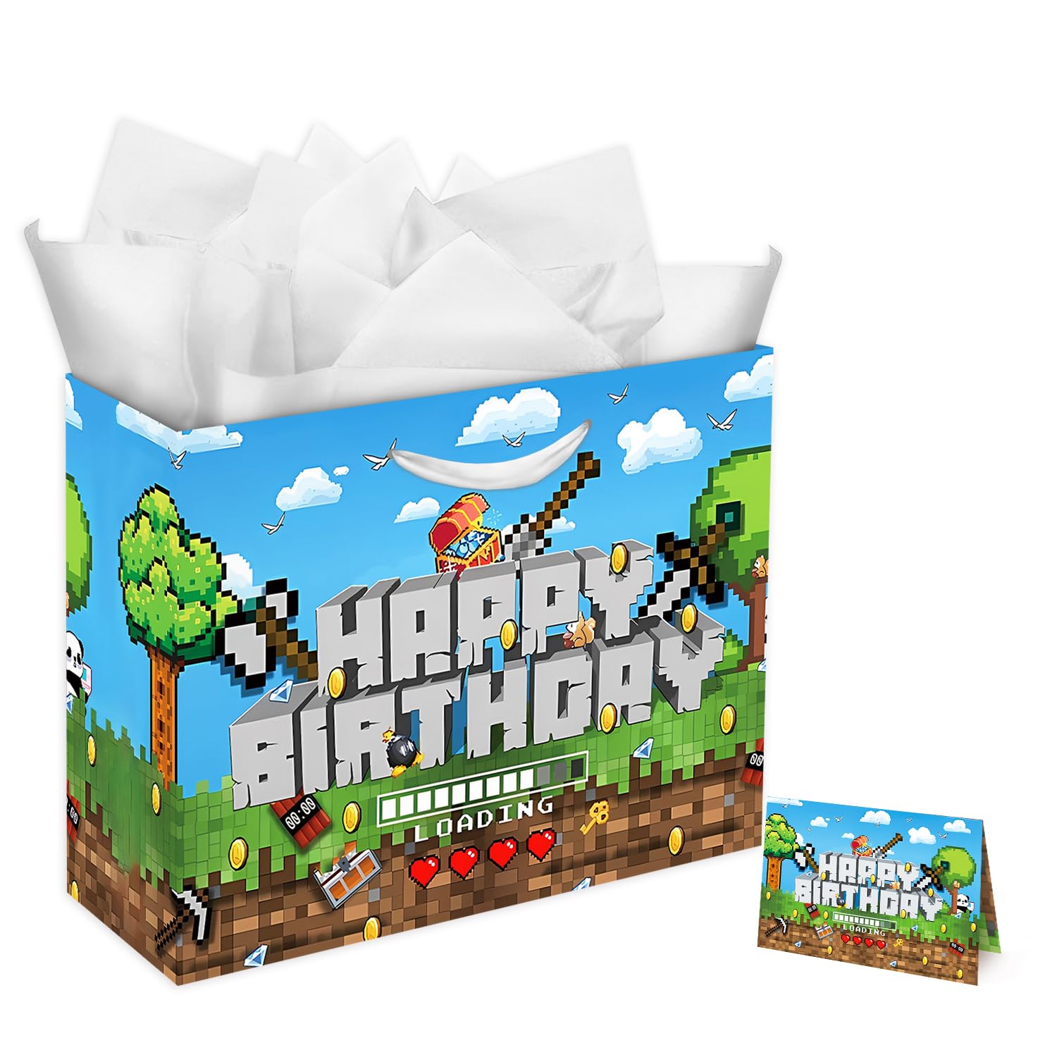 13" Large Video Games Gift Bag Set with Greeting Card and Tissue Papers, Happy Birthday Gift Bags for pixelTheme Birthday Party Celebration.