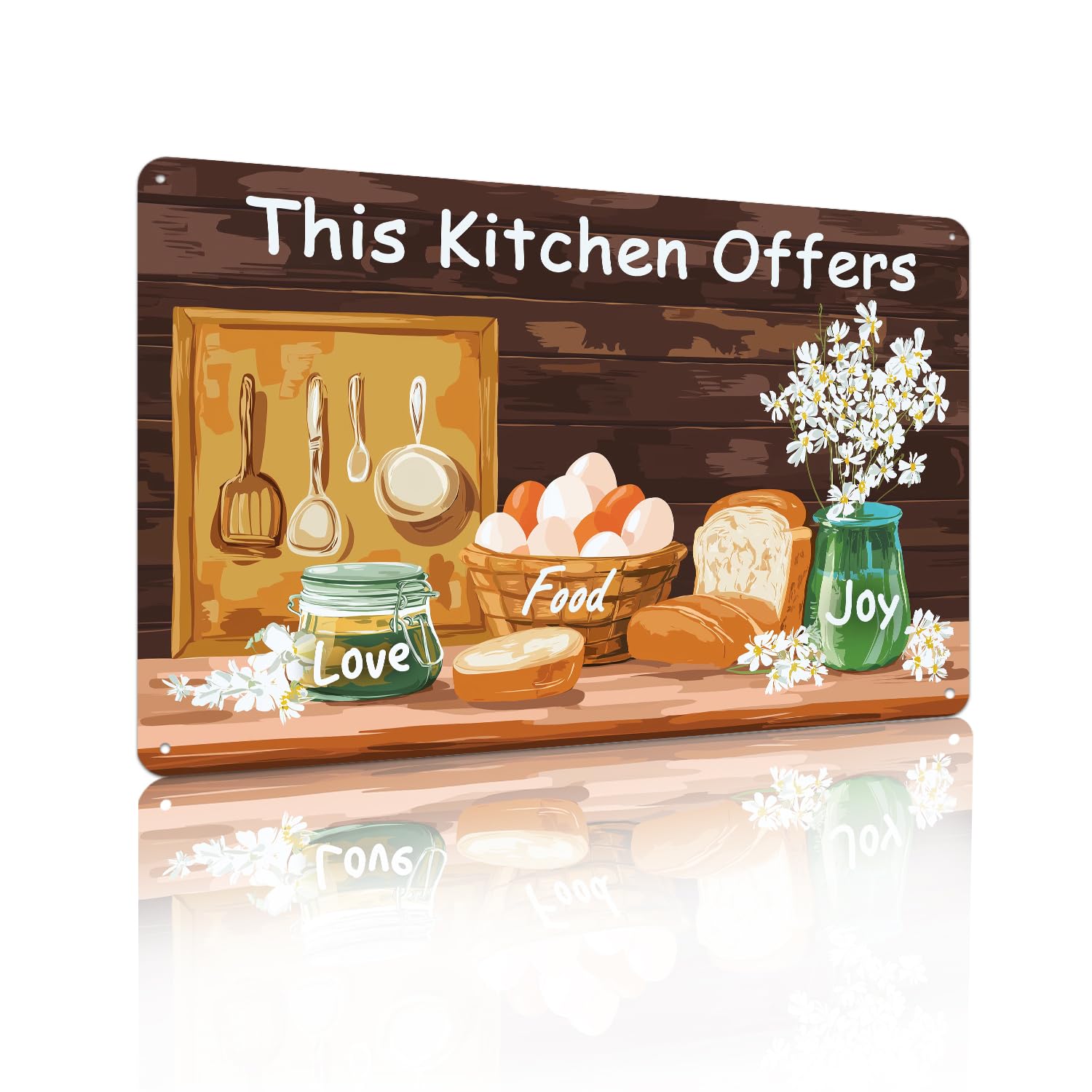 This Kitchen Offers Love Food Joy Metal Sign – Warm Rustic Farmhouse Aluminum Wall Decor for Kitchen Dining Room Breakfast Nook Coffee Bar Home, 12x8 Inches (26053)