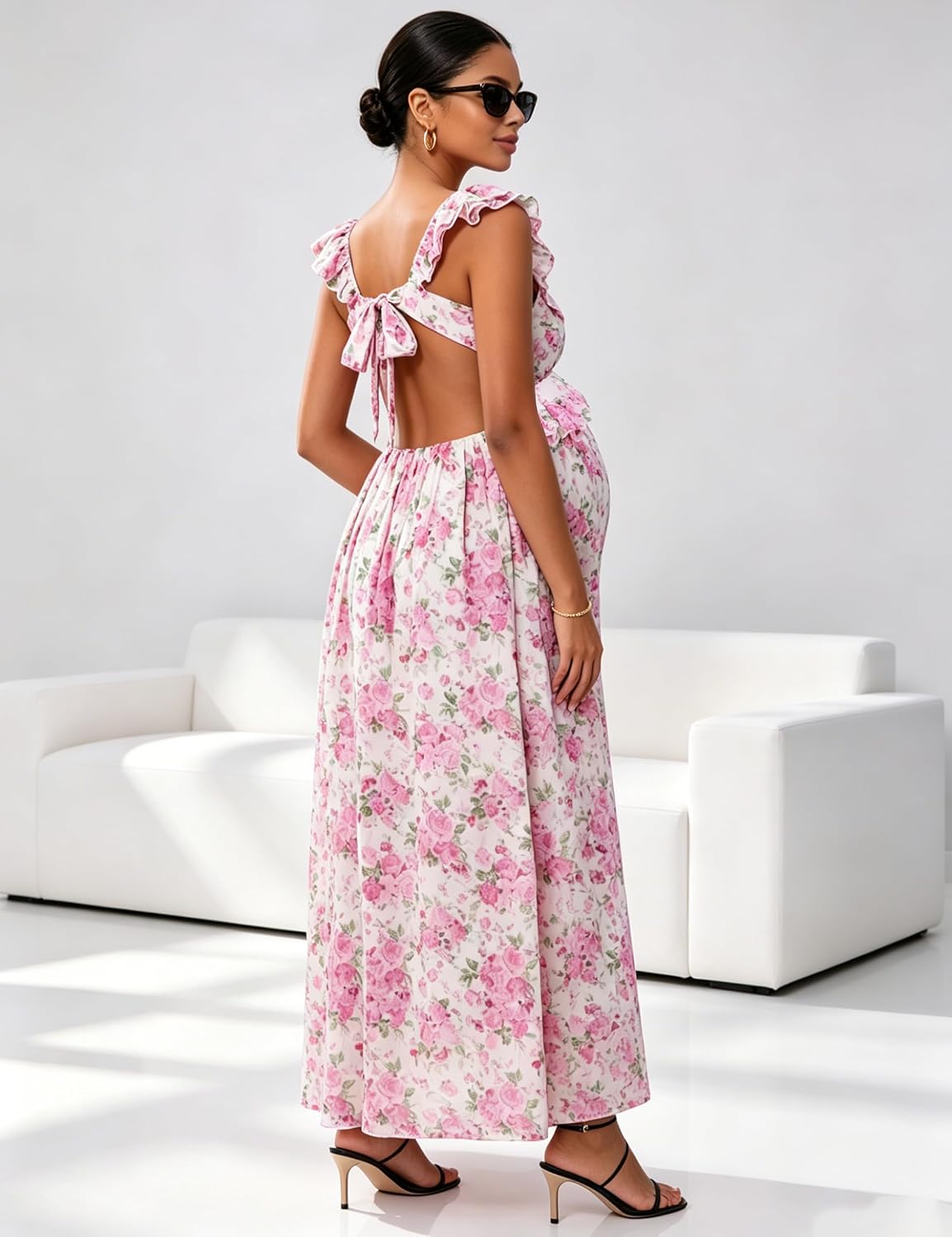 Maternity Floral Maxi Dress Ruffle Cap Sleeve V-Neck Tie Back Summer Pregnancy Gown for Baby Shower