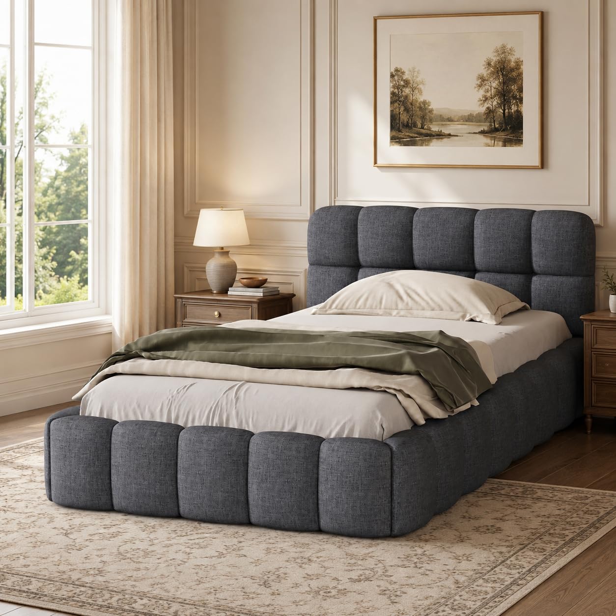 OLIVIBED Double Bed Frame with Headboard, 3ft Ottoman Bed with Slatted Frame, Modern Style Upholstered Bed in Linen Fabric, No Mattress, 90x190cm, Gray — image 1