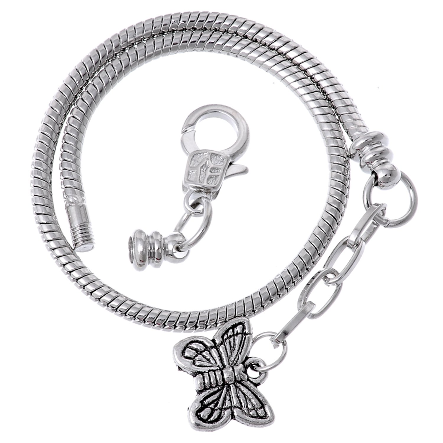 RUBYCA 5pcs 8.3" Lobster Clasp Butterfly Pendant snake Chain European Charm Bracelet Silver Tone