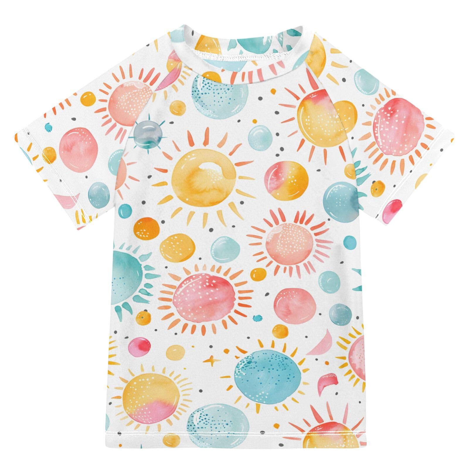 Boys Rash Guard Short Sleeve Swim Shirts for Boys Sun Watercolor Paint Sun Protection 7-8T