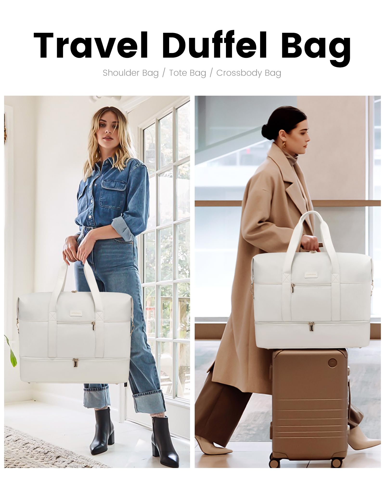 LOVEVOOK Weekender Reisetasche Damen, Sporttasche Handgepäck Tasche 45x36x20, Groß Kliniktasche Geburt, Travel Bag Duffle Bag mit Kulturtasche Schuhfach für Flugzeug Reisen, Beige