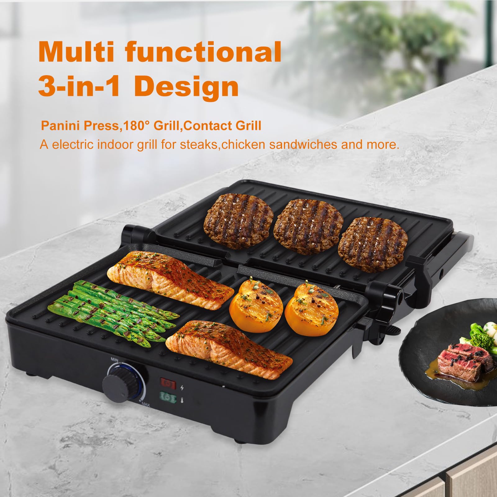 MUBENLIFE Panini Press,Sandwich Press Grill,180 Degree Open,Perfect for Grilling Sandwich,Steak,Burger,Non-Stick Grill,Table Grill,Stainless Steel,Temperature Adjustable,4 Slice,Barbecue