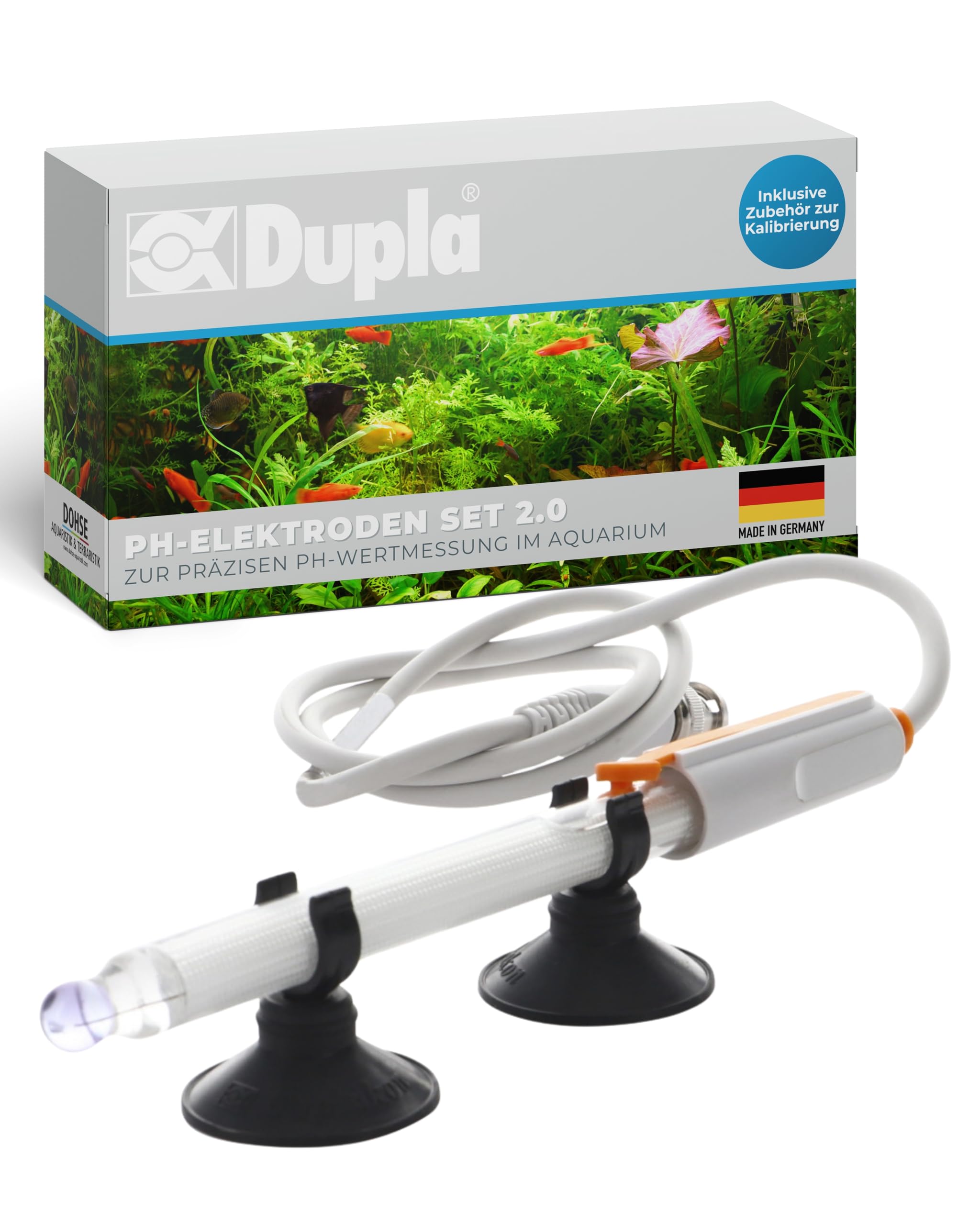 Dupla pH-Elektroden Set 2.0 mit BNC Stecker inklusive Kalibirierlösung pH 4 und pH 7, Dest, sowie Messbecher. Deutsche Gebrauchsanleitung. 1,8m Kabel.