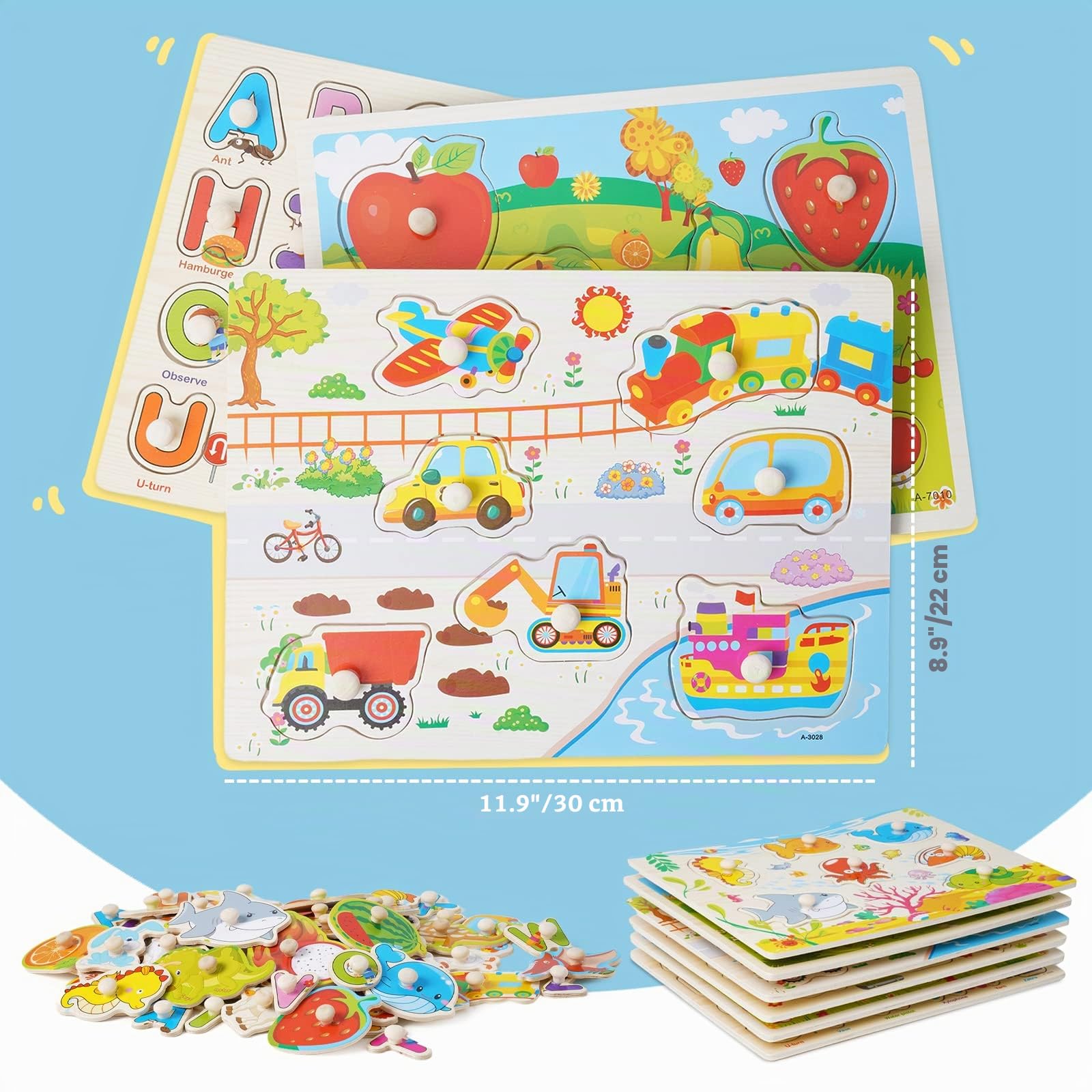 6 Puzzle di legno incorporato puzzle educativo giocattolo montessori fattoria puzzle, trasporto, alfabeto, insetti, animali marini, dinosauro ragazzo e ragazza regalo 1 2 3 4 anni