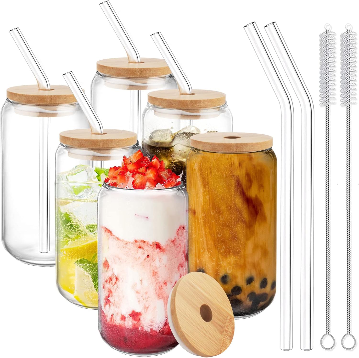 Hoteelee 6 Pcs Set Beer Can Glass Cups with Bamboo Lids and Glass Straw,16.9oz Iced