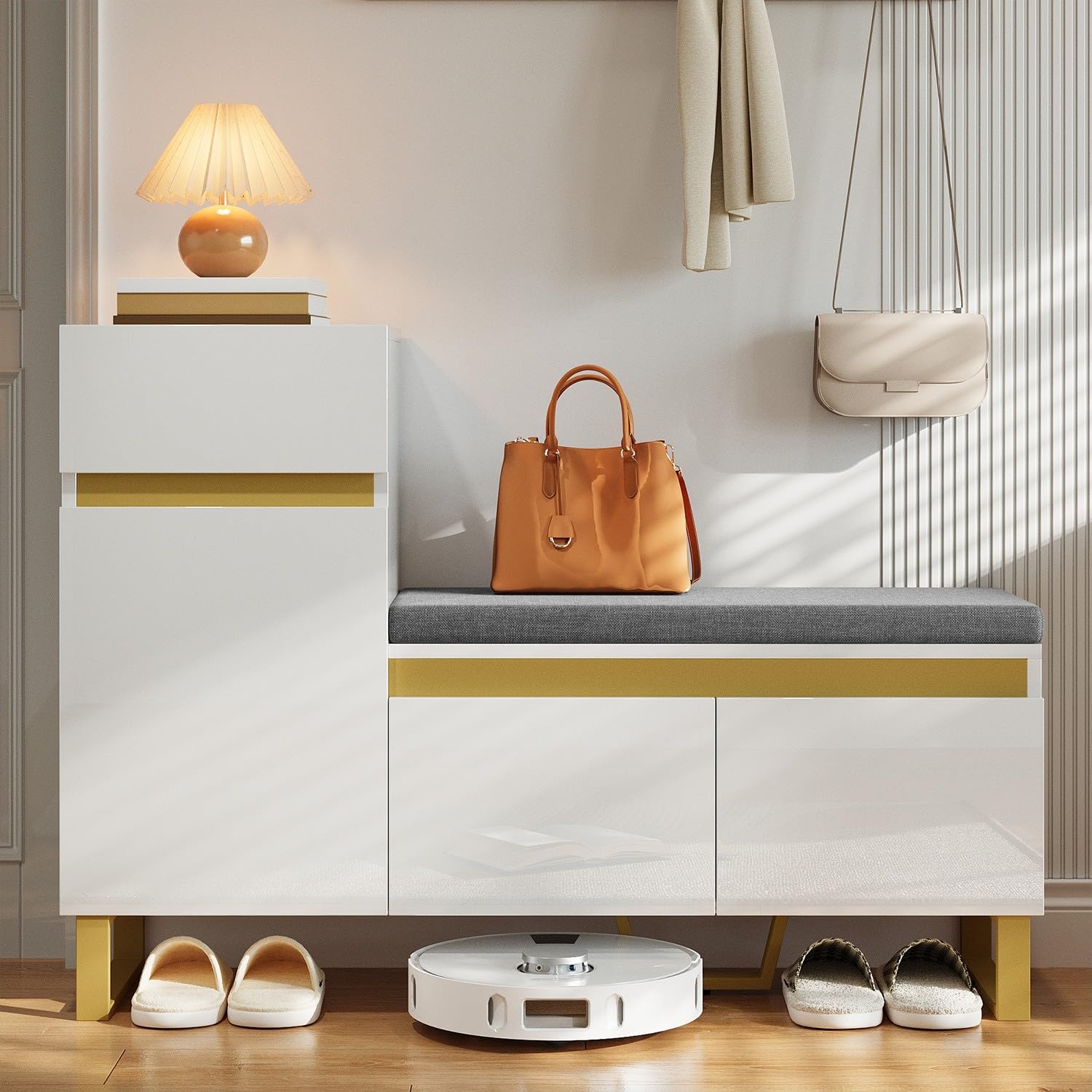Szafka na buty z półką na buty, biała, MDF, 120 x 35 x 85 cm, z szufladami i drzwiami, wielopoziomowa, nowoczesny, minimalistyczny styl, do przedpokoju