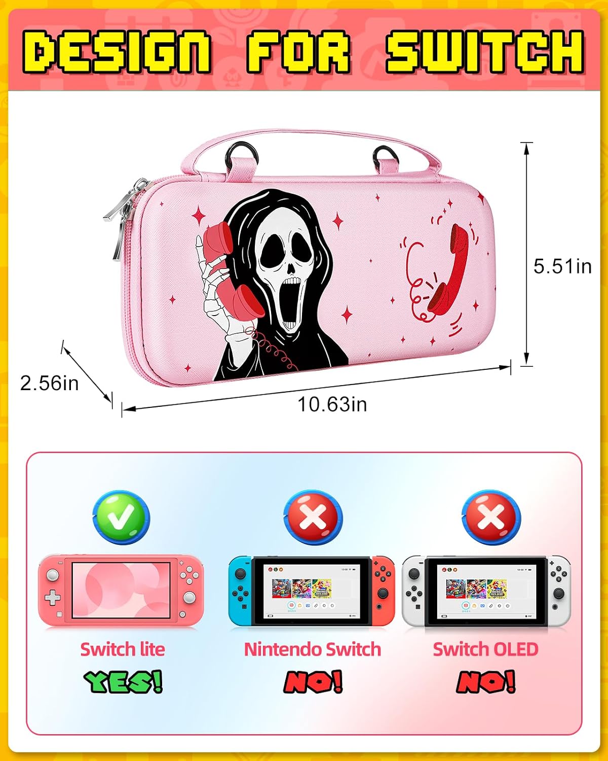 Xinocy for Nintendo Switch for Switch Lite Carrying Case - Cute Kawaii Design for Switch Lite Travel Cases Portable Storage Carry Protective Hard Shell for Women Girls Boys Teens, Skull image 2