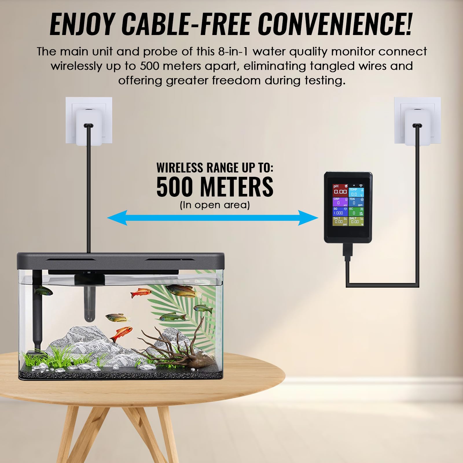 TEKCOPLUS Digitales pH-Messgerät, WLAN, Wasserqualitätsmonitor mit Sonde für Aquarien, Hydrokultur, Schwimmbäder, Teiche, Laboratorien, 8-in-1, misst pH Temp TDS EC Salzgehalt ORP SG